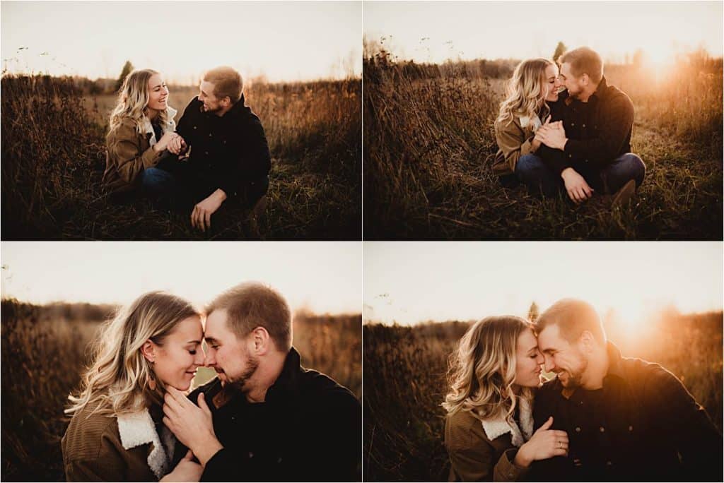 Northern Wisconsin Sunset Engagement Session Couple Snuggling in Field
