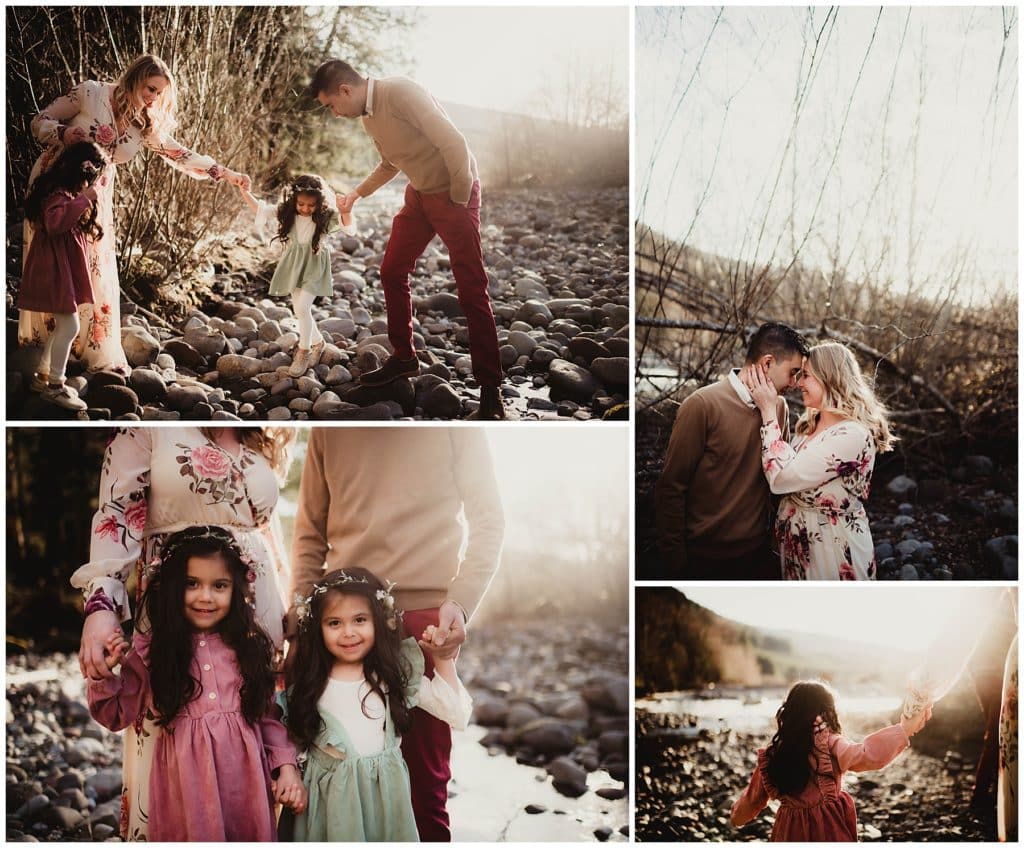 April Sunset Family Session Collage Family in Stream