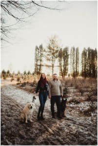 Christmas Tree Farm Engagement Session Couple with Dogs