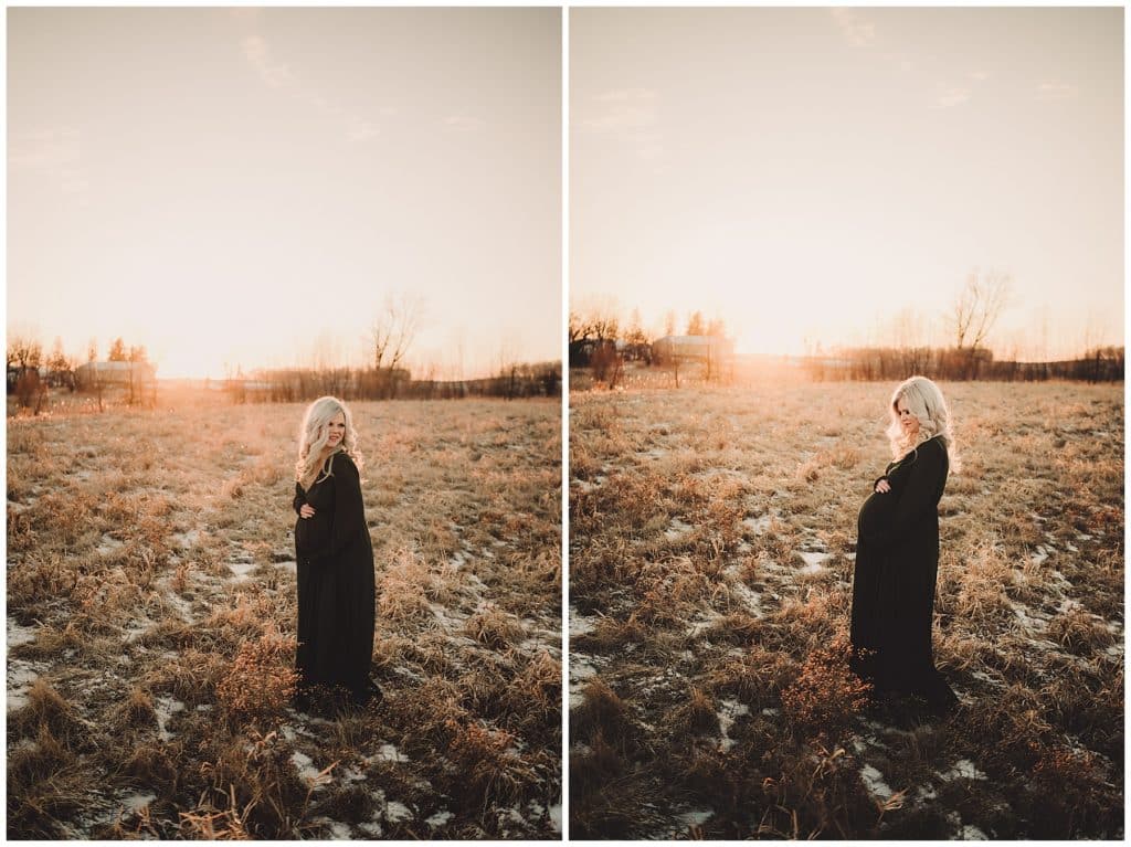 Winter Sunset Maternity Session Mama in Field