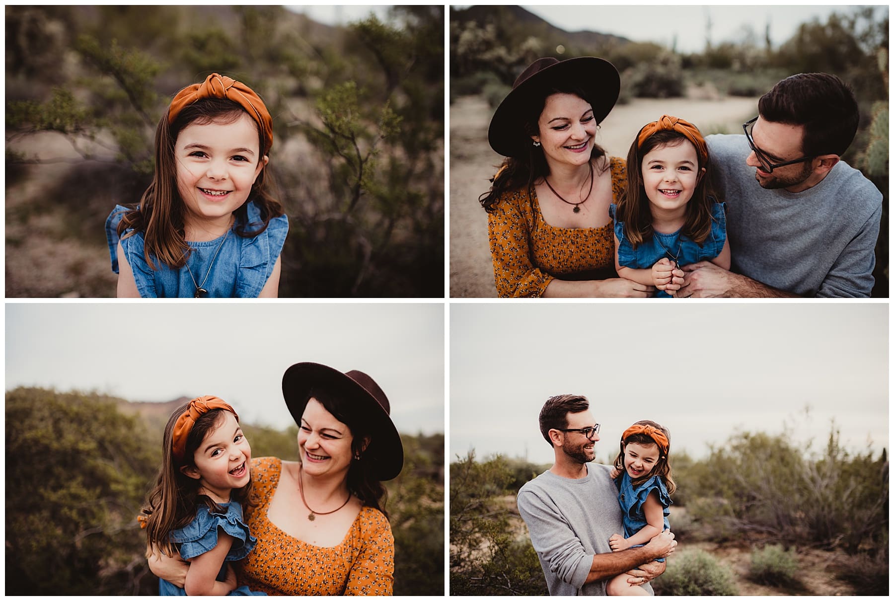 Four-panel collage of a young girl smiling, parents cuddling with daughter, and family laughing in the desert