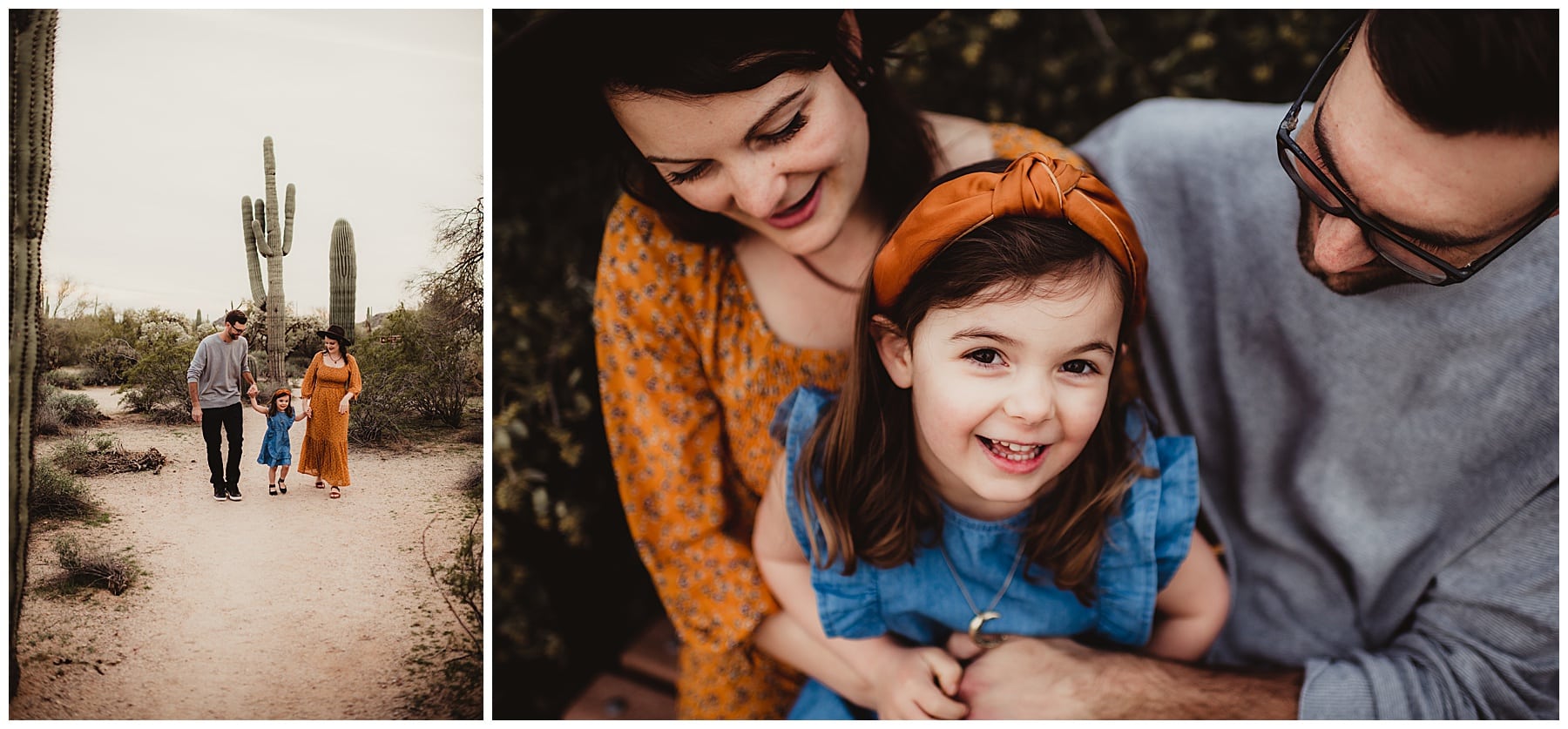 Family walking hand in hand on a desert trail past saguaro cacti by Twig & Olive Photography
