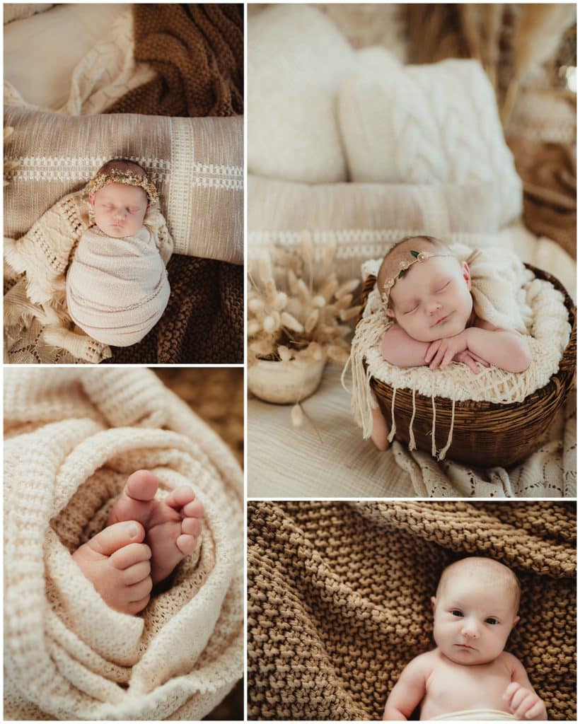Winter Boho Newborn Session Collage of Newborn Details