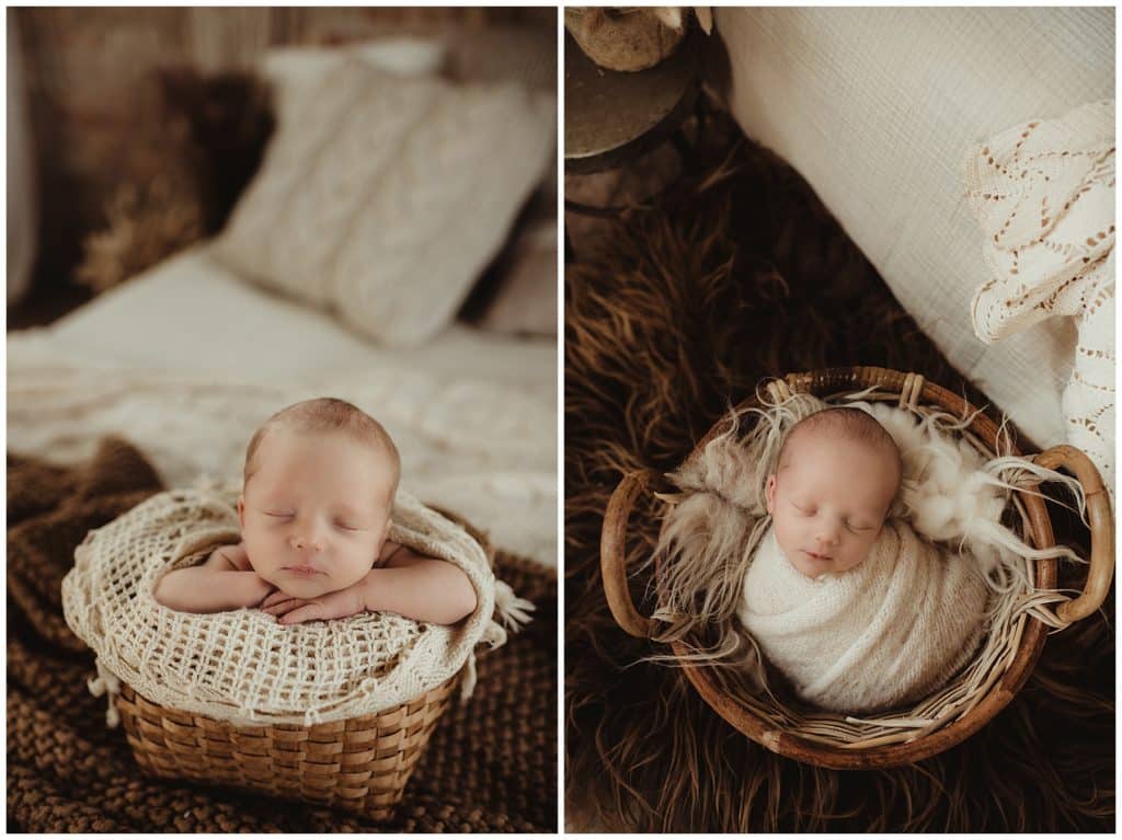 May Newborn Boy Session Boy in Baskets