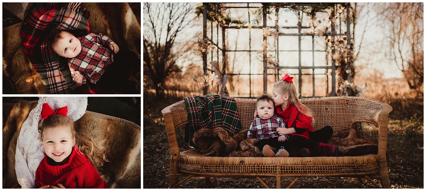Collage of a baby in plaid, a smiling girl in red, and two siblings on a wicker bench during family portraits