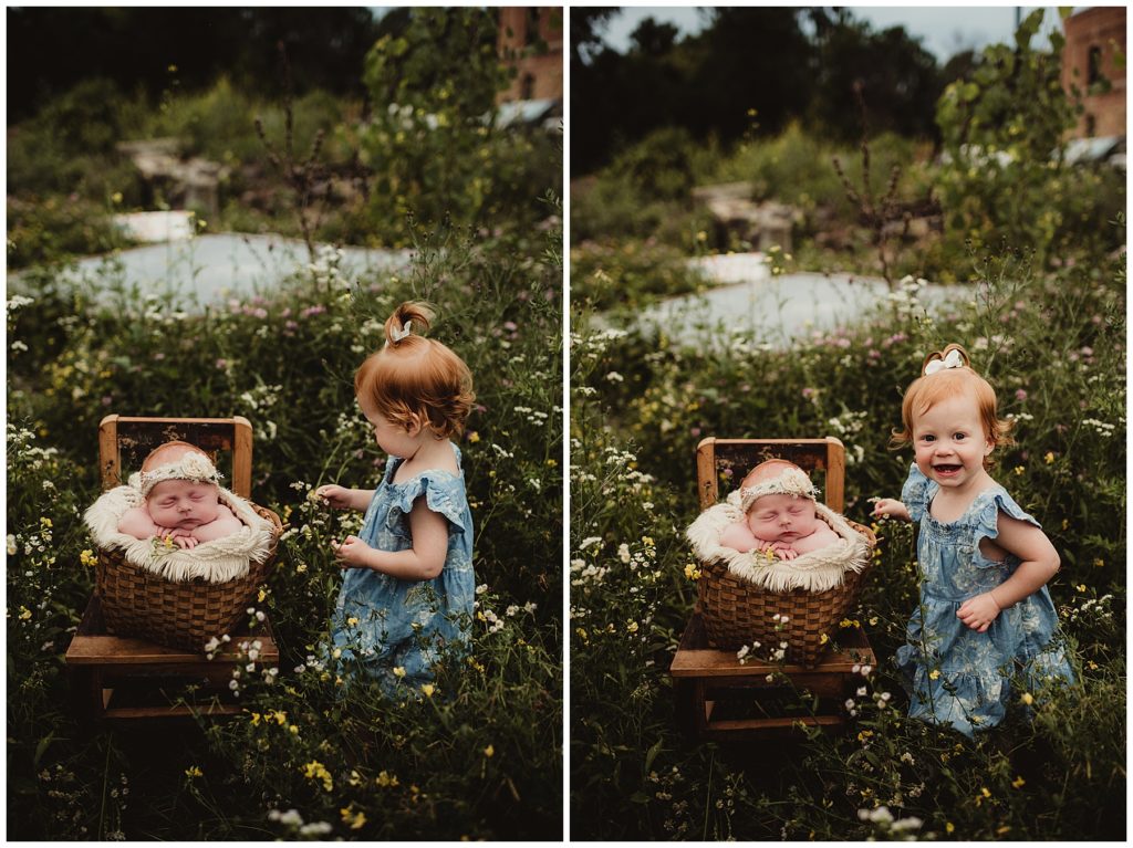 July Outdoor Newborn Session Sister with Newborn Girl in Flowers