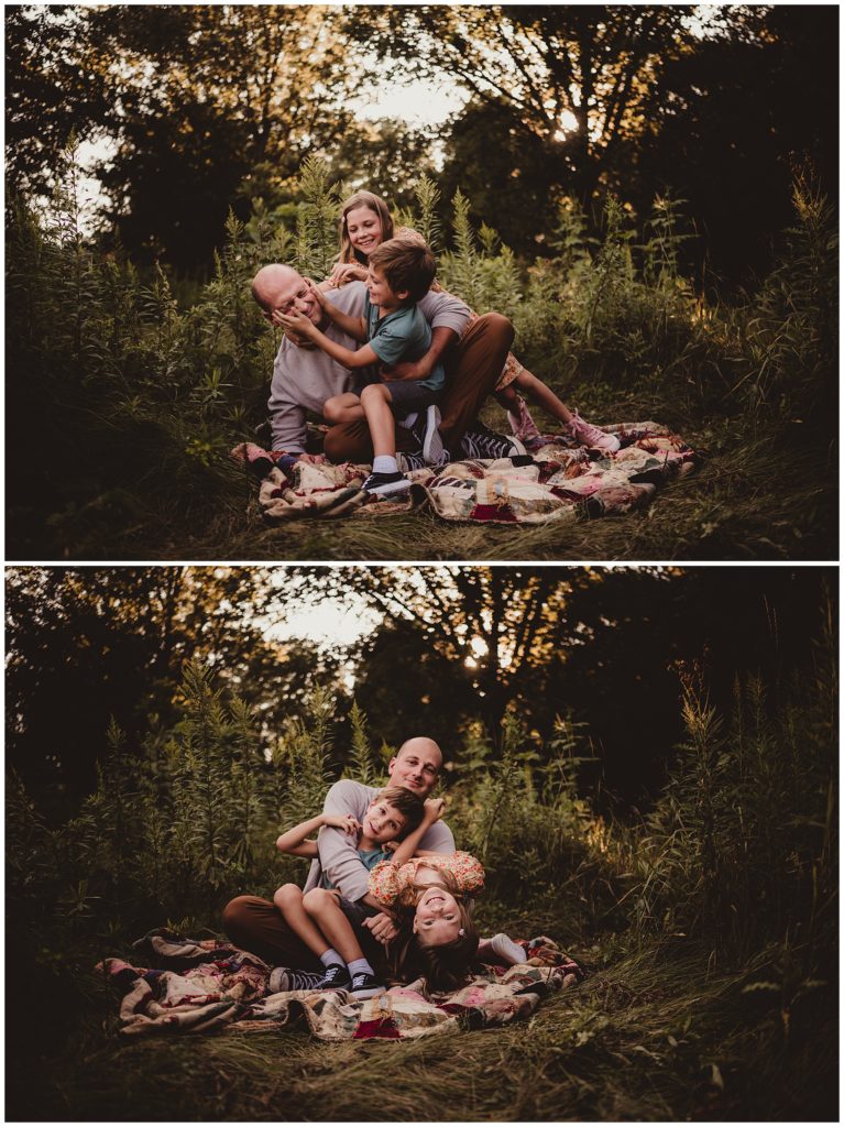 Lake Mills Family Session Dad and Kids on Blanket