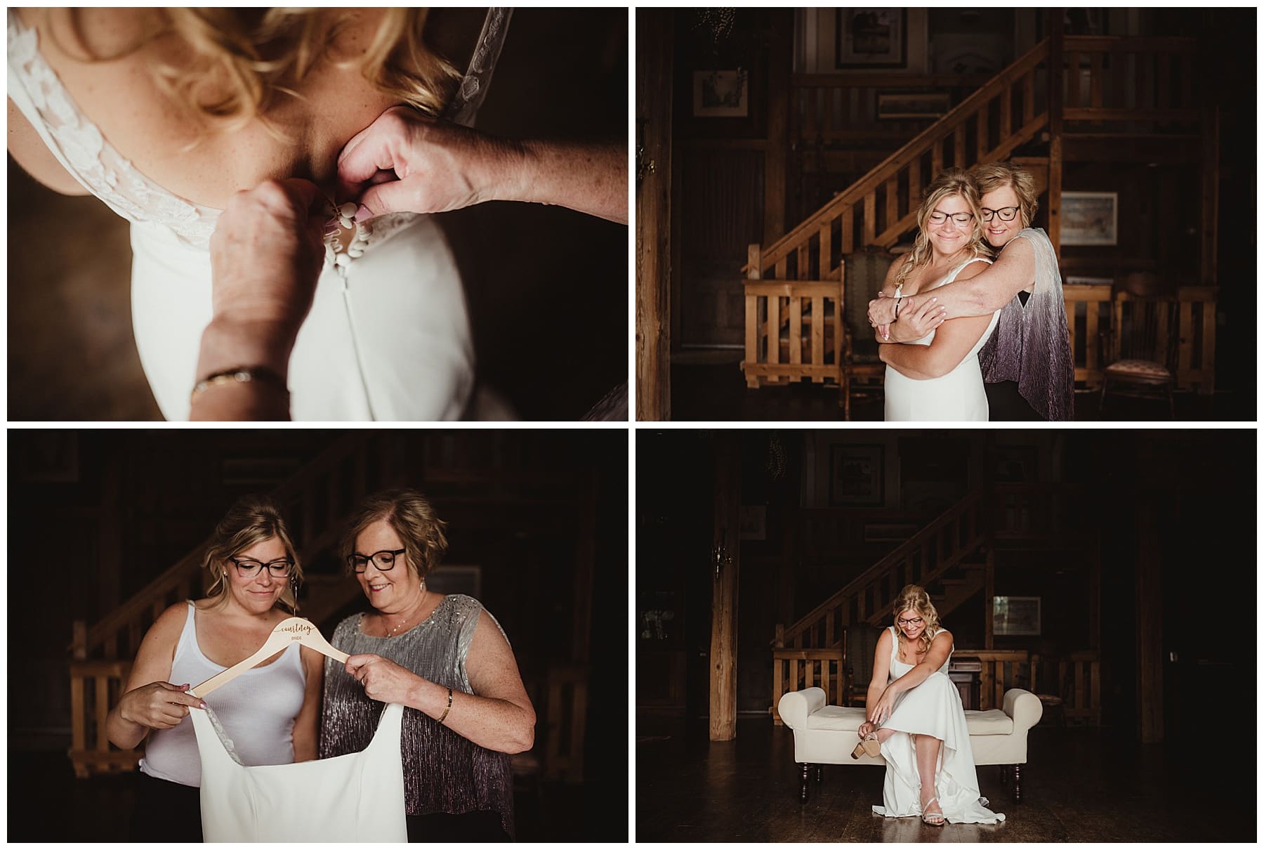 Bride getting ready with her mom buttoning the dress and sharing a hug near a wooden staircase