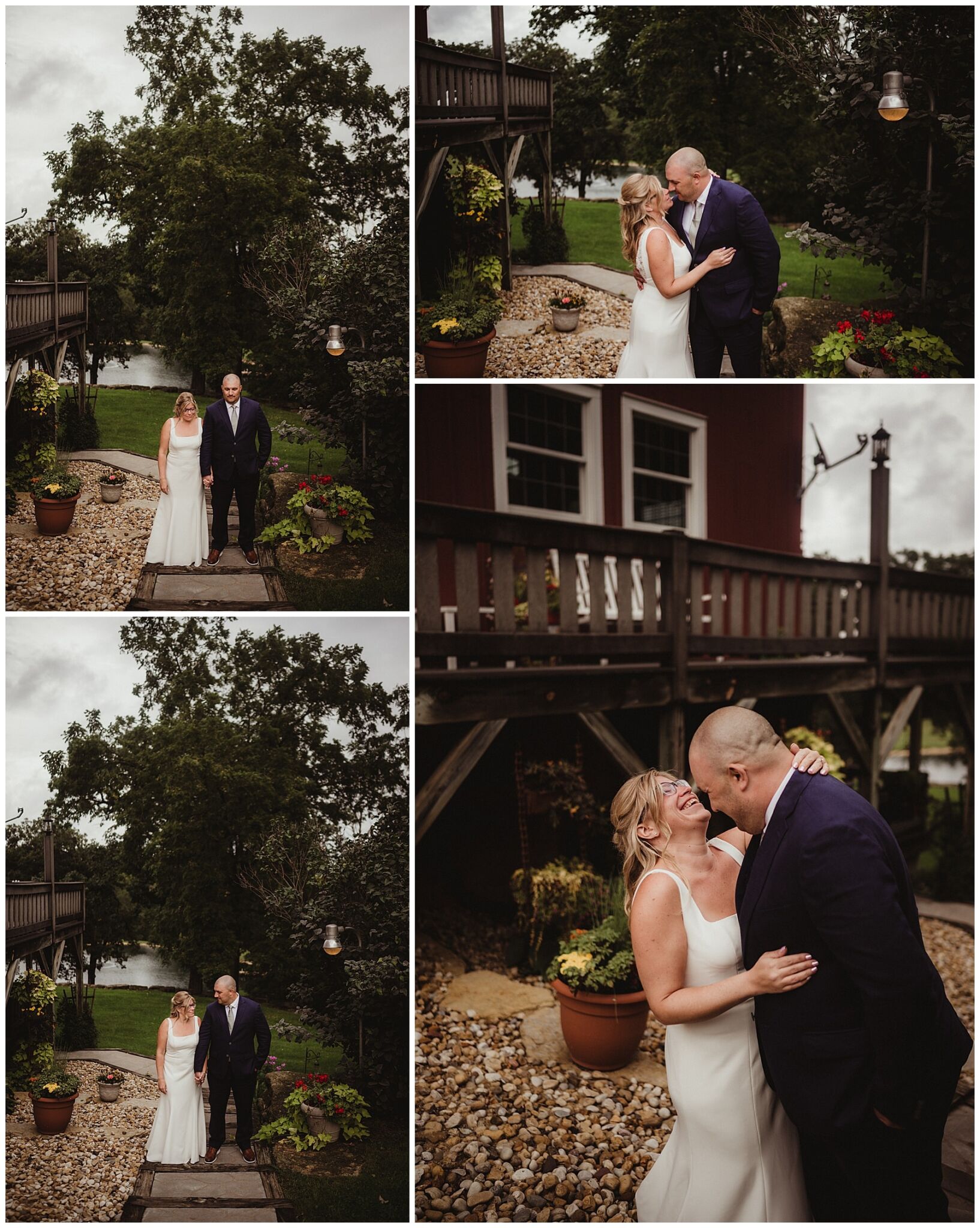 Couple sharing their first look in the garden at Oak Hill Farm, laughing and embracing