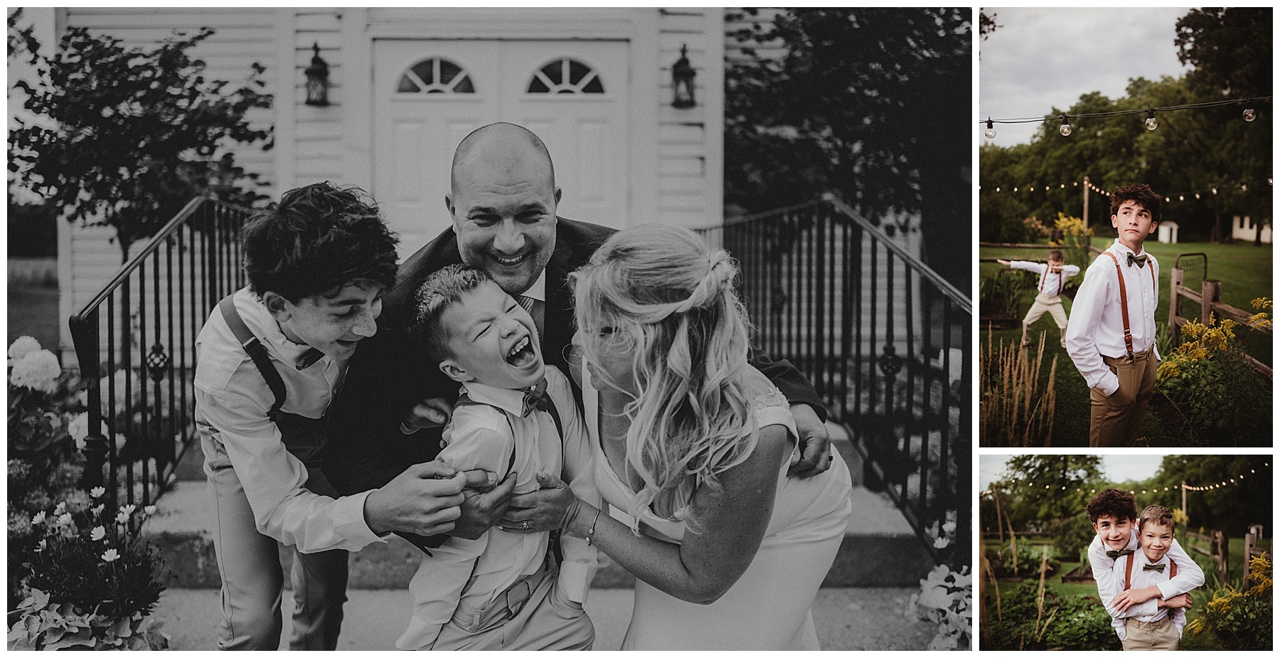 Couple laughing with their boys on the chapel steps and kids posing under string lights