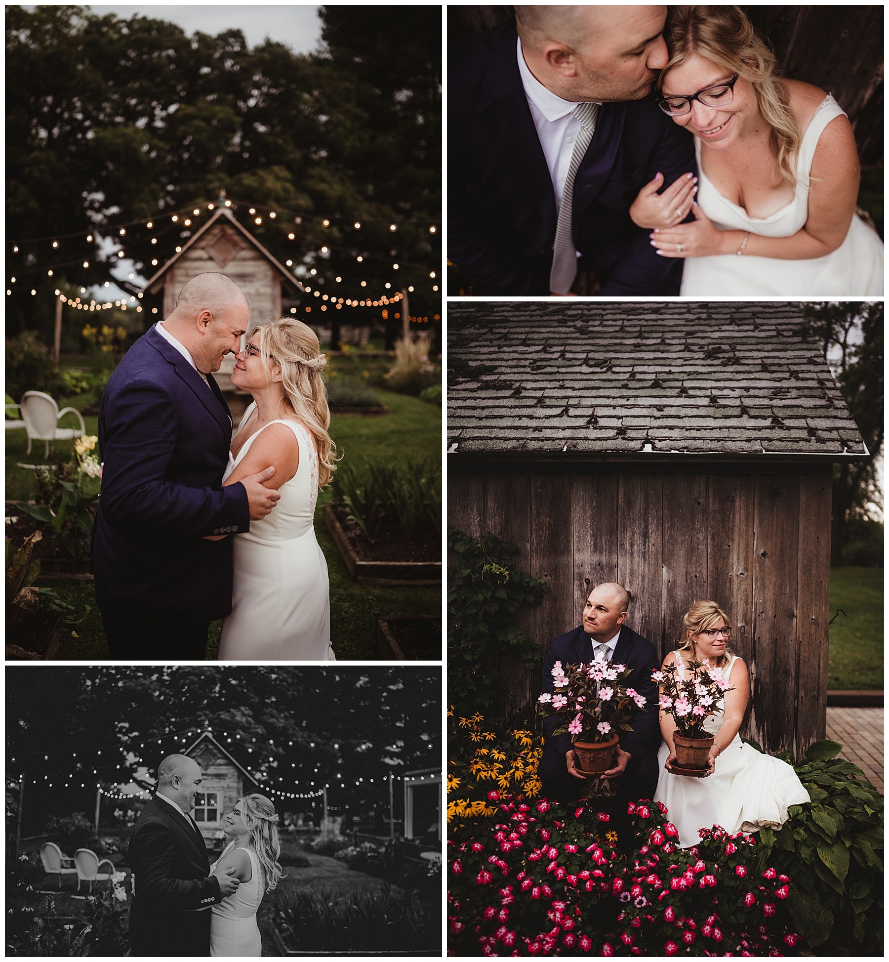 Romantic evening portraits of the couple under string lights and beside a rustic wooden shed