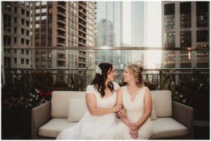Brides Snuggling on Couch