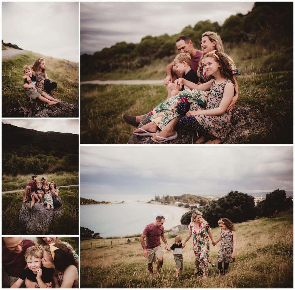 New Zealand Family Photography Collage Family on Hill