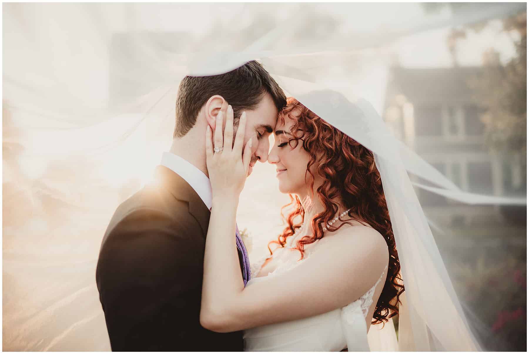 A bride and groom embracing tenderly under a bridal veil with a soft focus background