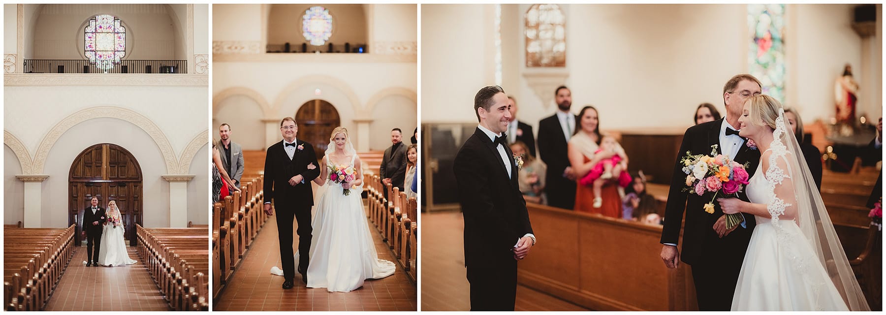 A bride and her father walking down the aisle of a church, with a groom waiting expectantly.
