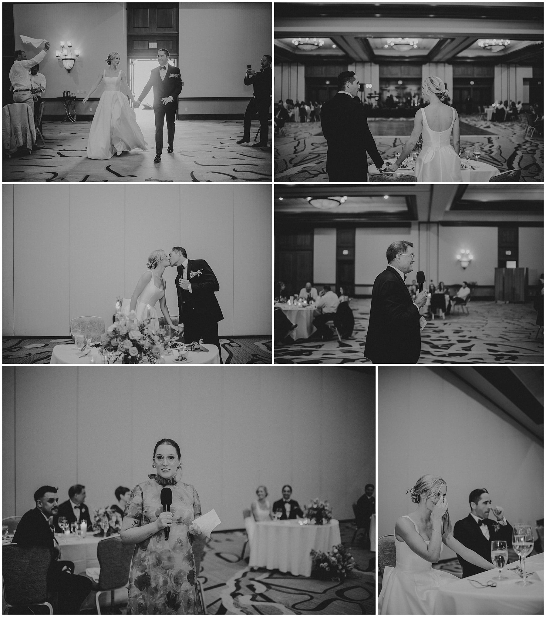 A collage of black and white photos from the wedding reception, featuring the couple's dance and speeches.
