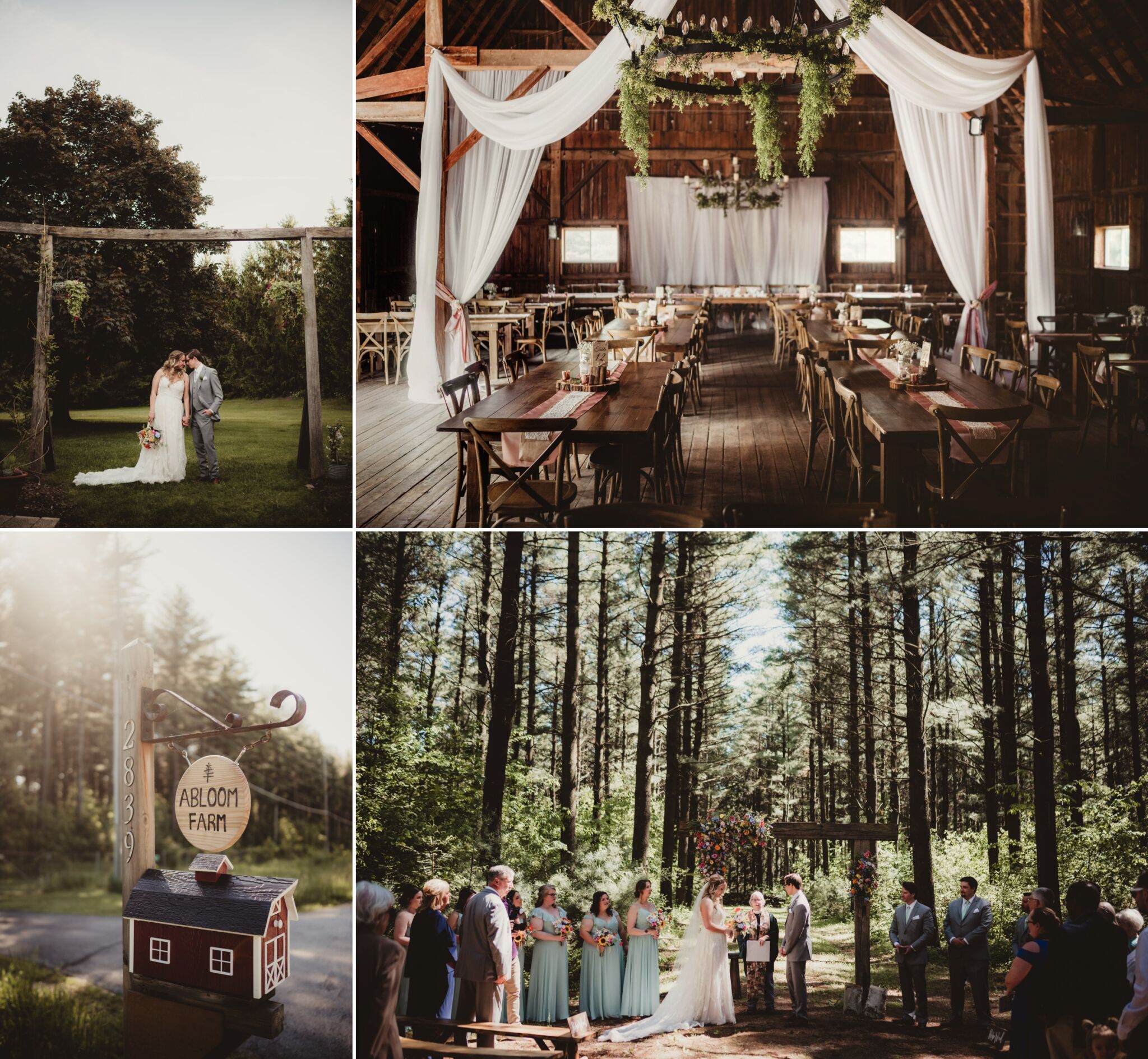 Collage of a rustic wedding ceremony and reception at Abloom Farm, featuring an intimate outdoor wedding, elegantly draped barn interior, and lush forest setting.