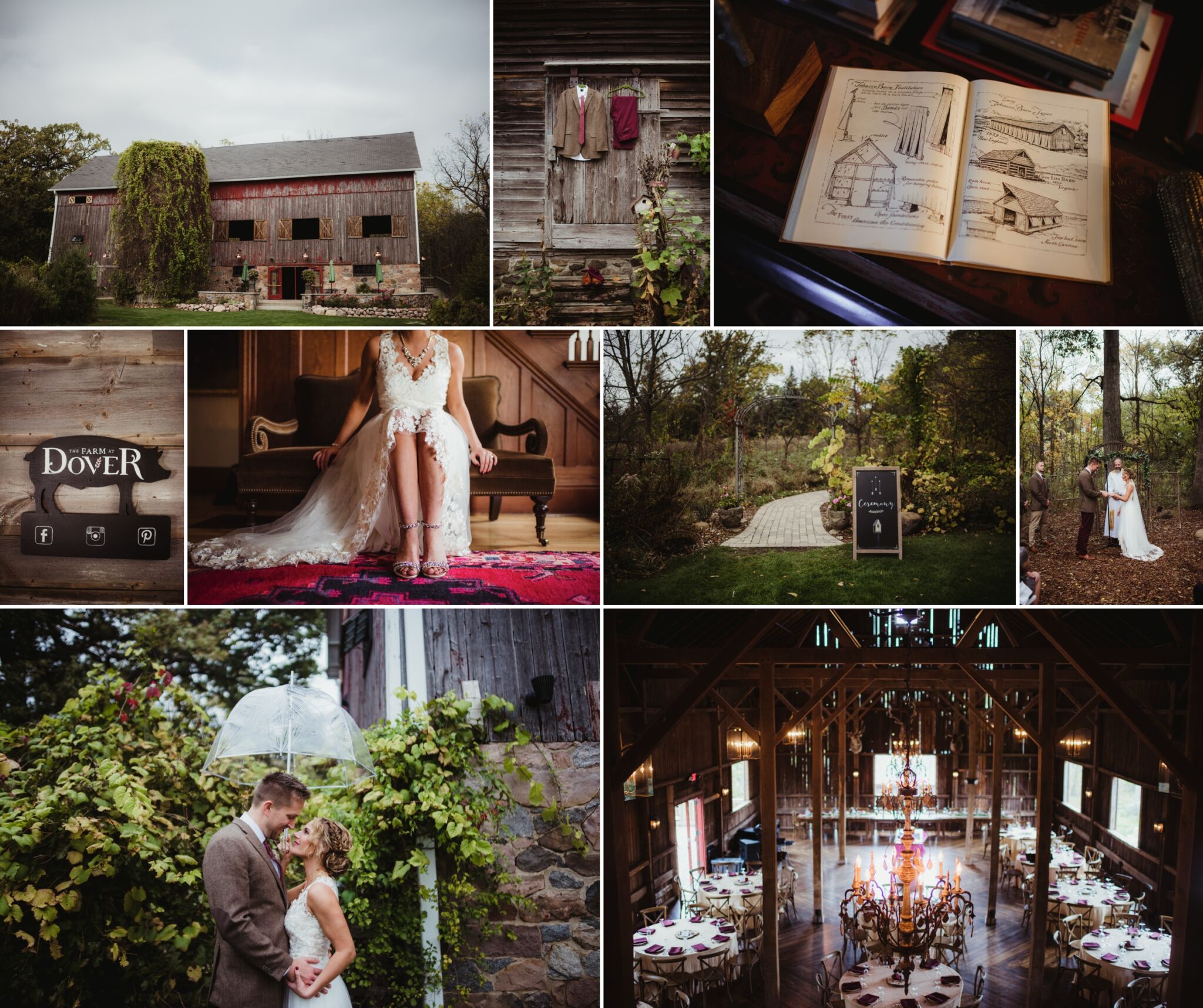 Collage of a rustic barn wedding featuring a couple under an umbrella, a bride in a detailed gown, an outdoor ceremony, and elegant interior barn decor.