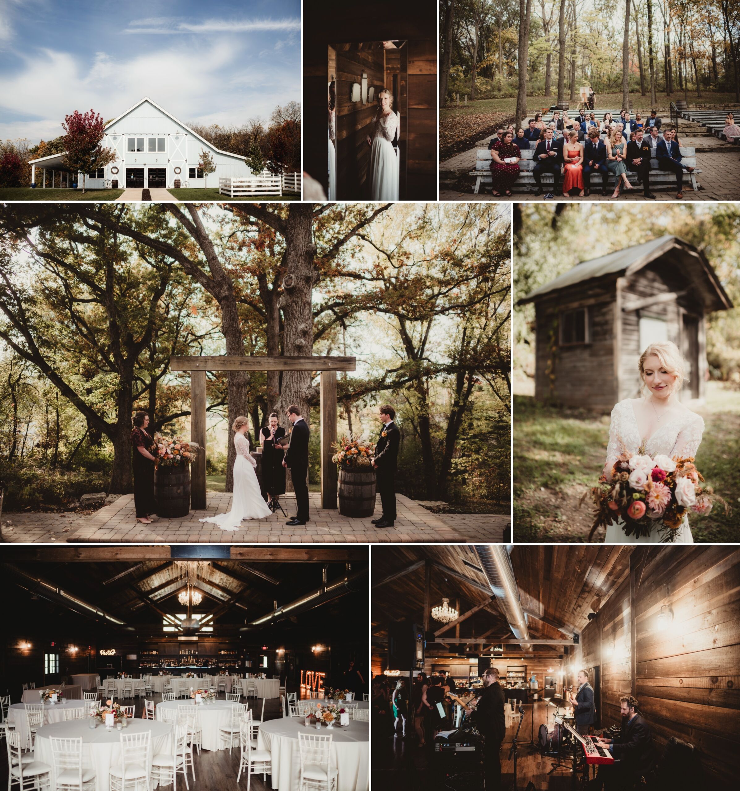 Collage of an elegant outdoor wedding scene featuring a ceremony in a forest setting, a beautifully decorated barn, and a bride holding a vibrant bouquet.