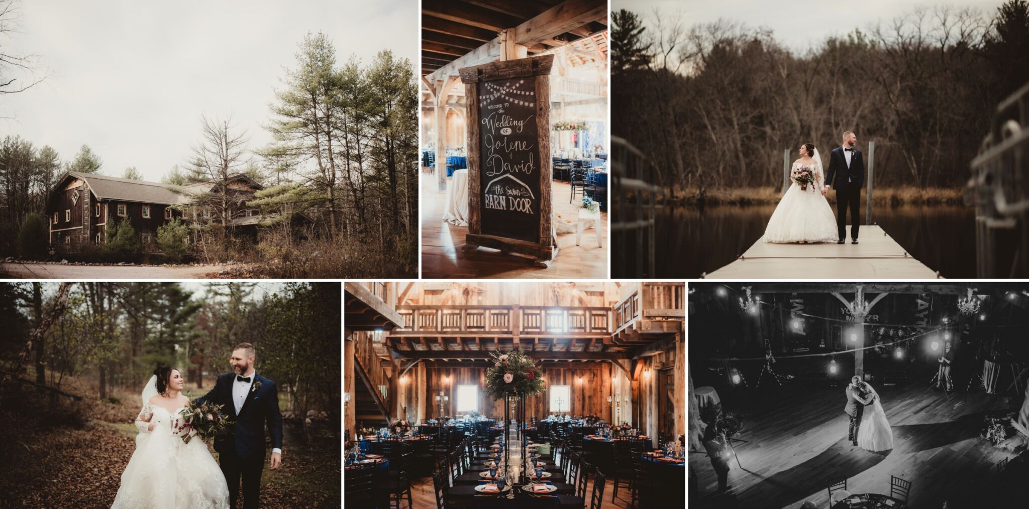 Collage of a rustic wedding at The Barn Door venue, featuring a couple on a dock and in a wooded setting, elegant table setups, and a romantic first dance.
