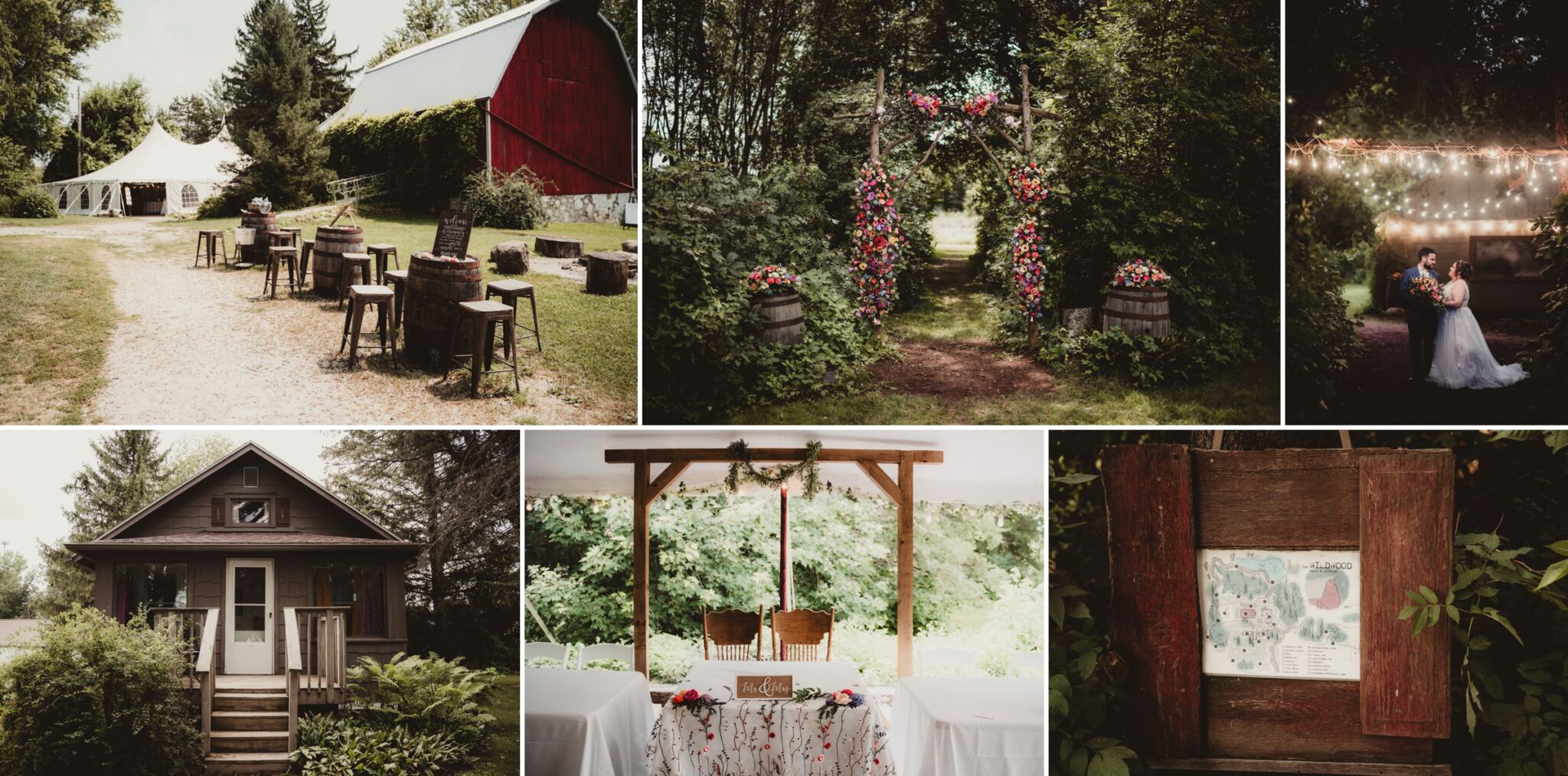 A collage of rustic wedding scenes in Madison with an outdoor ceremony setup, a couple under string lights, charming barn, and floral arches.