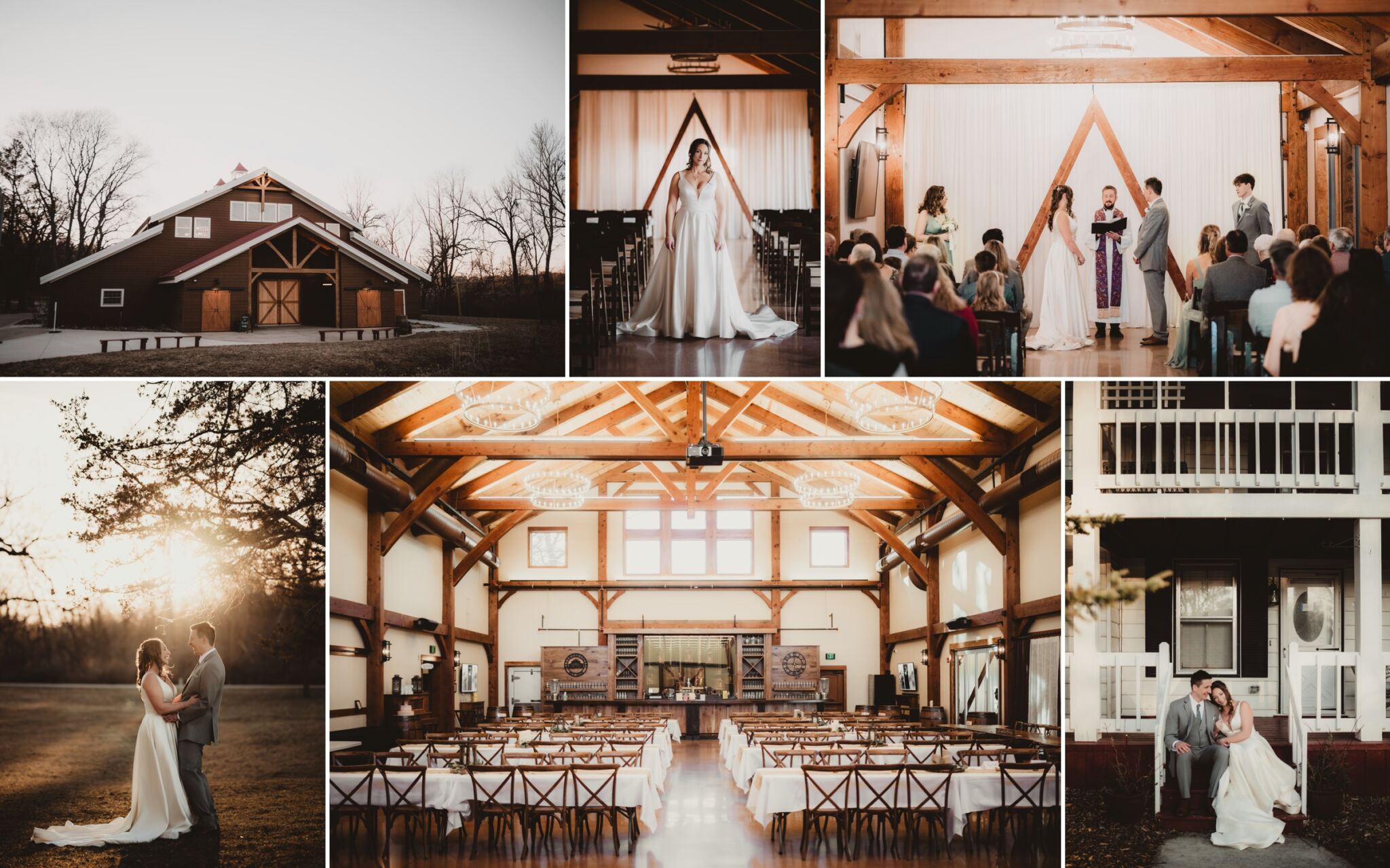 Collage of a rustic barn wedding featuring bridal portraits, ceremony, and couple under sunset, shot by Twig & Olive Photography.