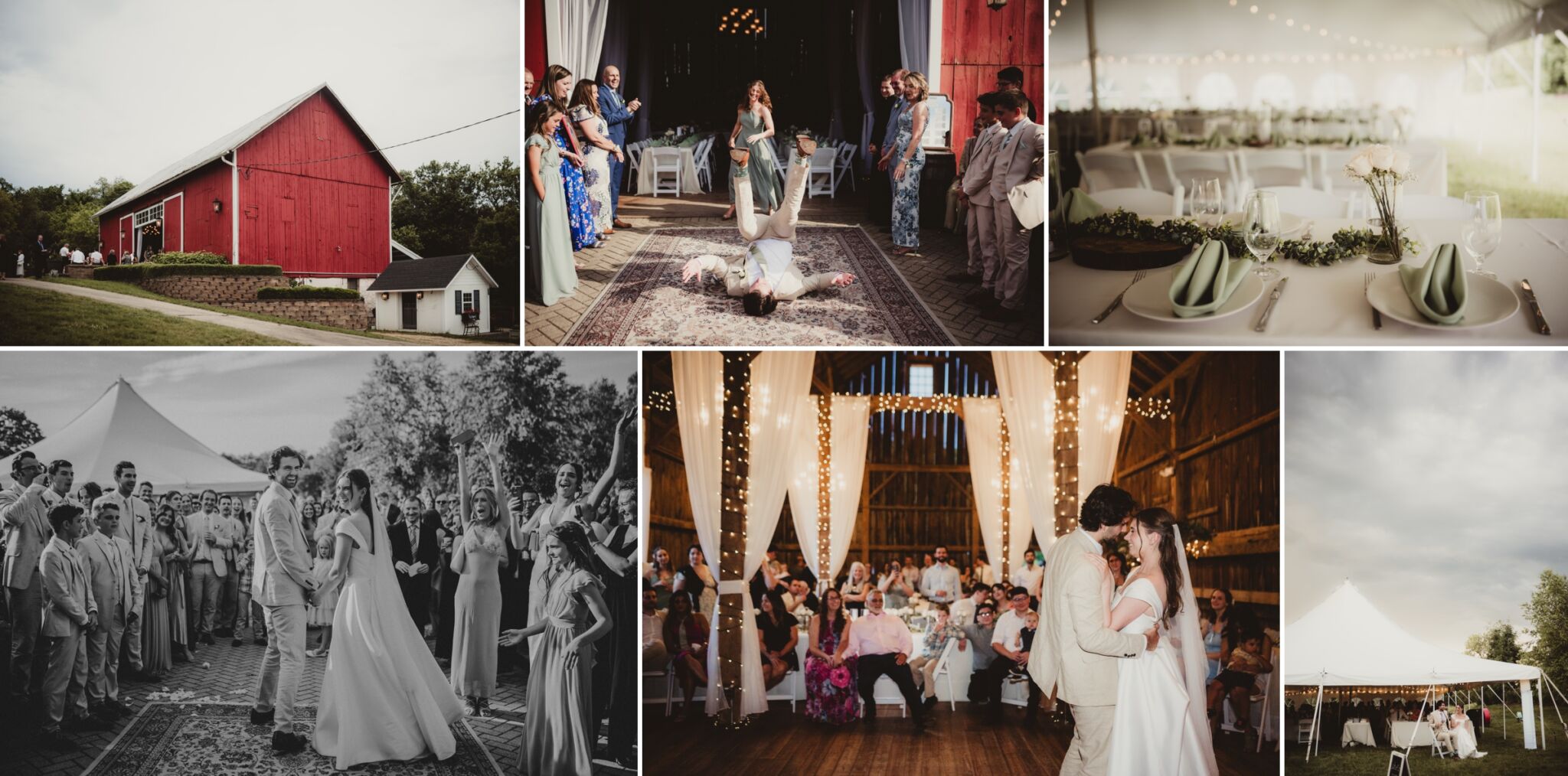 A collage of a rustic barn wedding featuring joyful celebrations, elegant table settings, and heartfelt moments captured by Twig & Olive Photography.