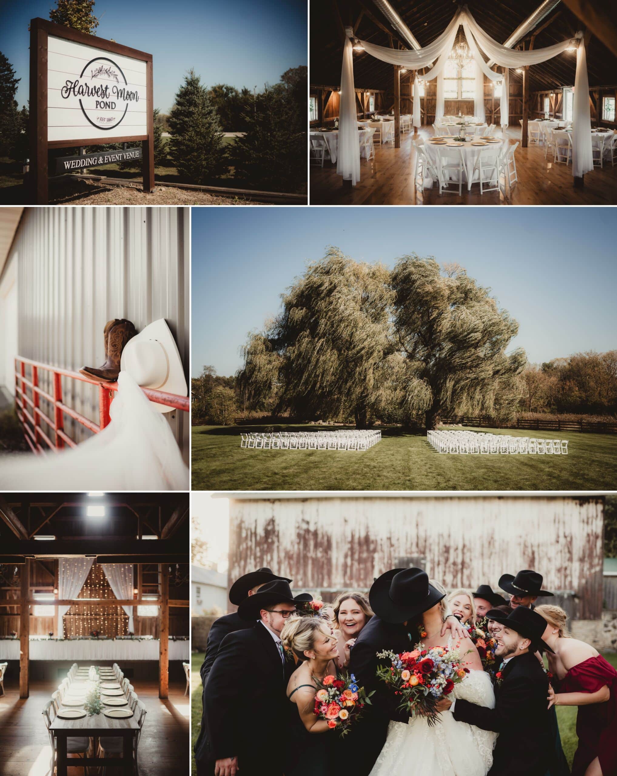 Collage of a rustic wedding at Harvest Moon Pond in Wisconsin, featuring joyful moments of the bridal party, elegant venue setup, and charming outdoor scenery.