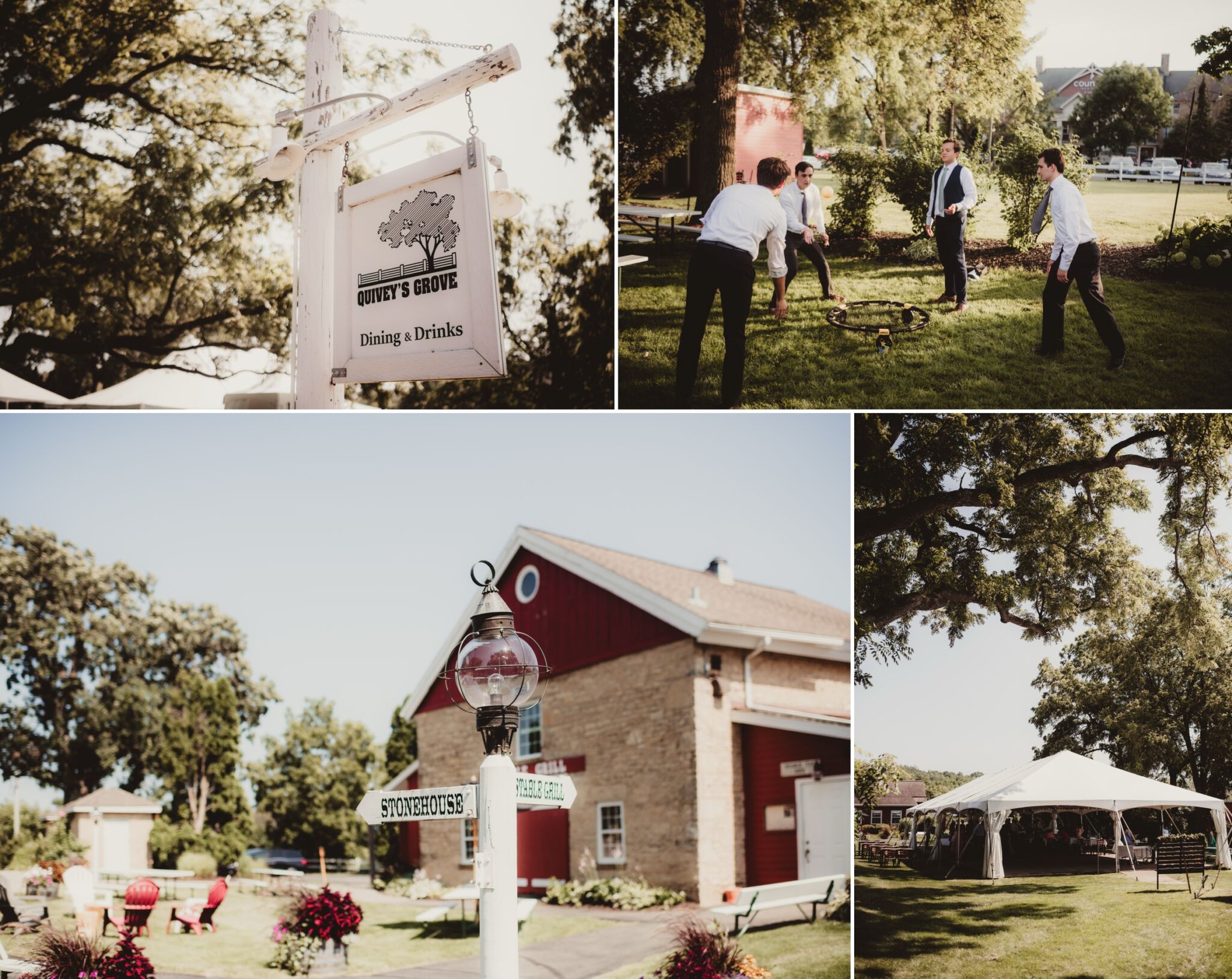 Wedding scene at Quivey's Grove in Madison with a wooden sign, guests playing lawn games, and a charming barn with tents.