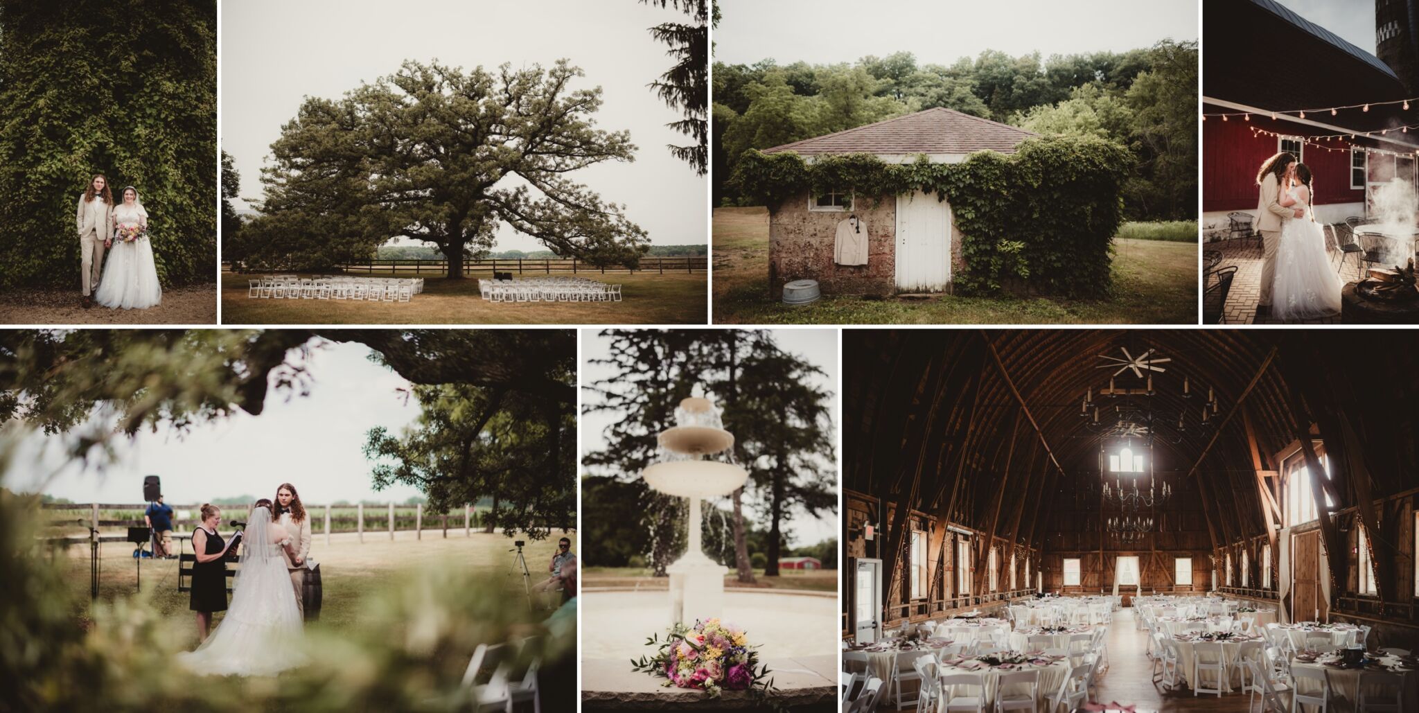 Collage of a rustic outdoor wedding, including ceremony, couple portraits, a barn reception, and charming decor by Twig & Olive Photography.