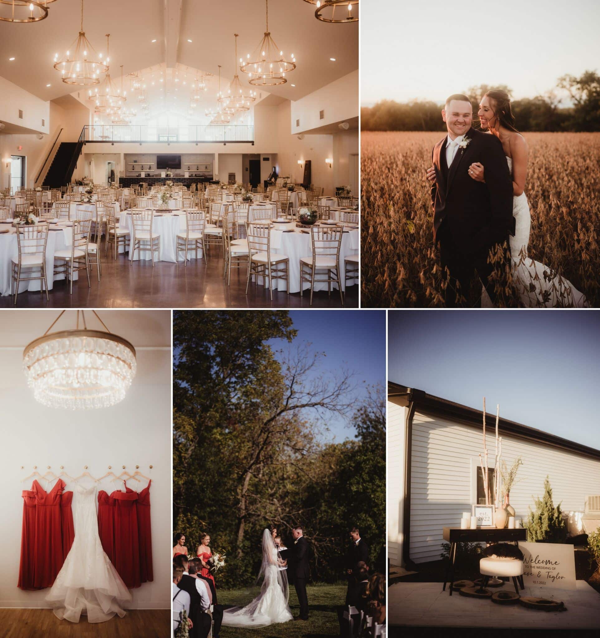 Collage of a wedding: reception hall with elegant chandeliers, couple in a field, outdoor ceremony, red bridesmaid dresses, and rustic decor.