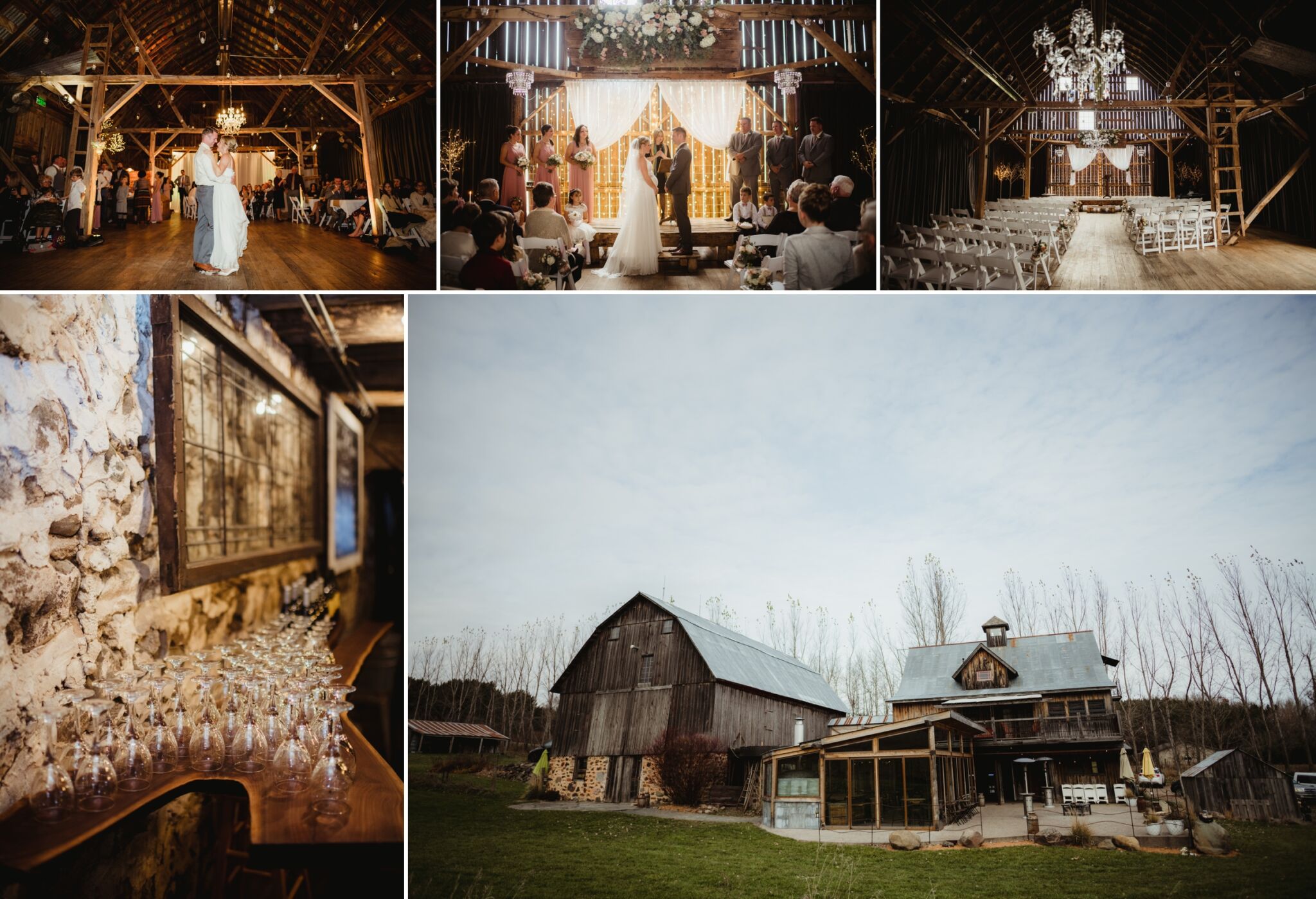 Charming barn wedding ceremony and reception, with a couple sharing their first dance under twinkling lights at a rustic venue in Wisconsin.