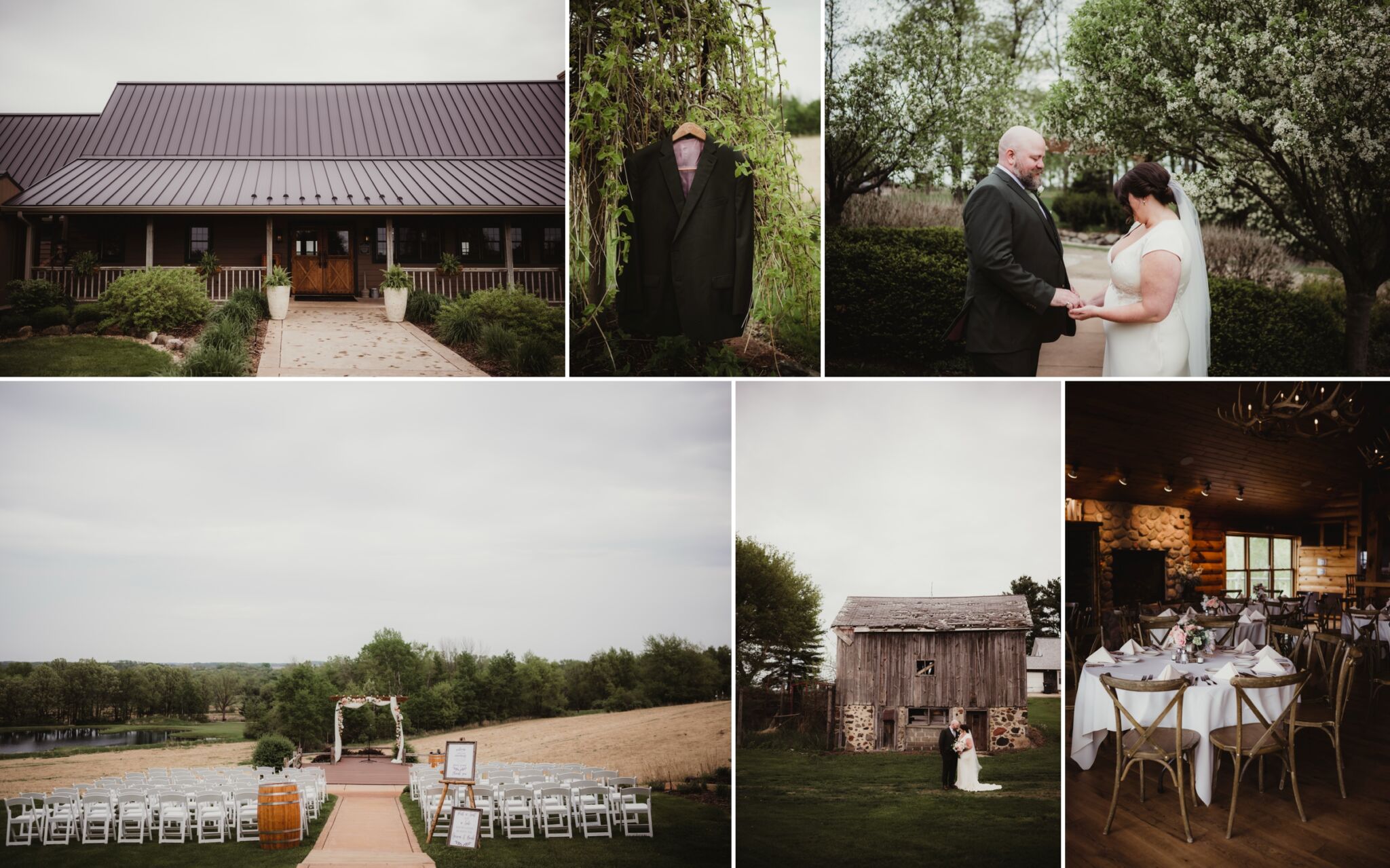 Collage of a rustic wedding venue featuring a couple exchanging vows, a wooden barn, elegantly set tables, and an outdoor ceremony setup amidst lush greenery.