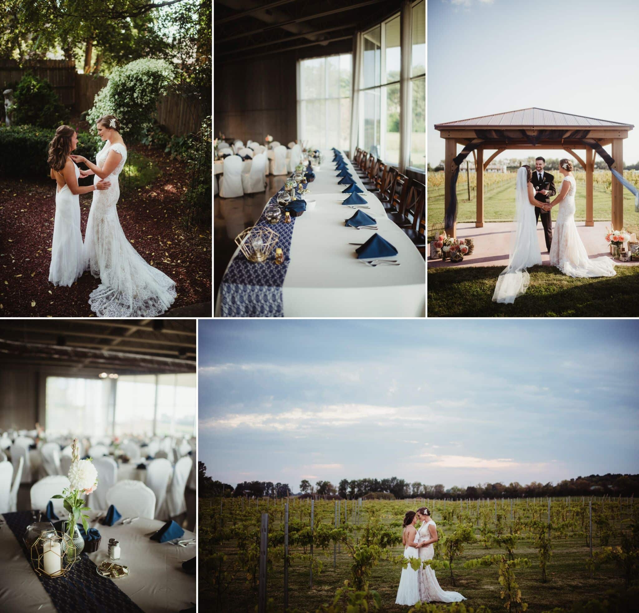 Collage of a romantic outdoor wedding: two brides embracing, a beautifully set reception table, and a vineyard ceremony under a gazebo.