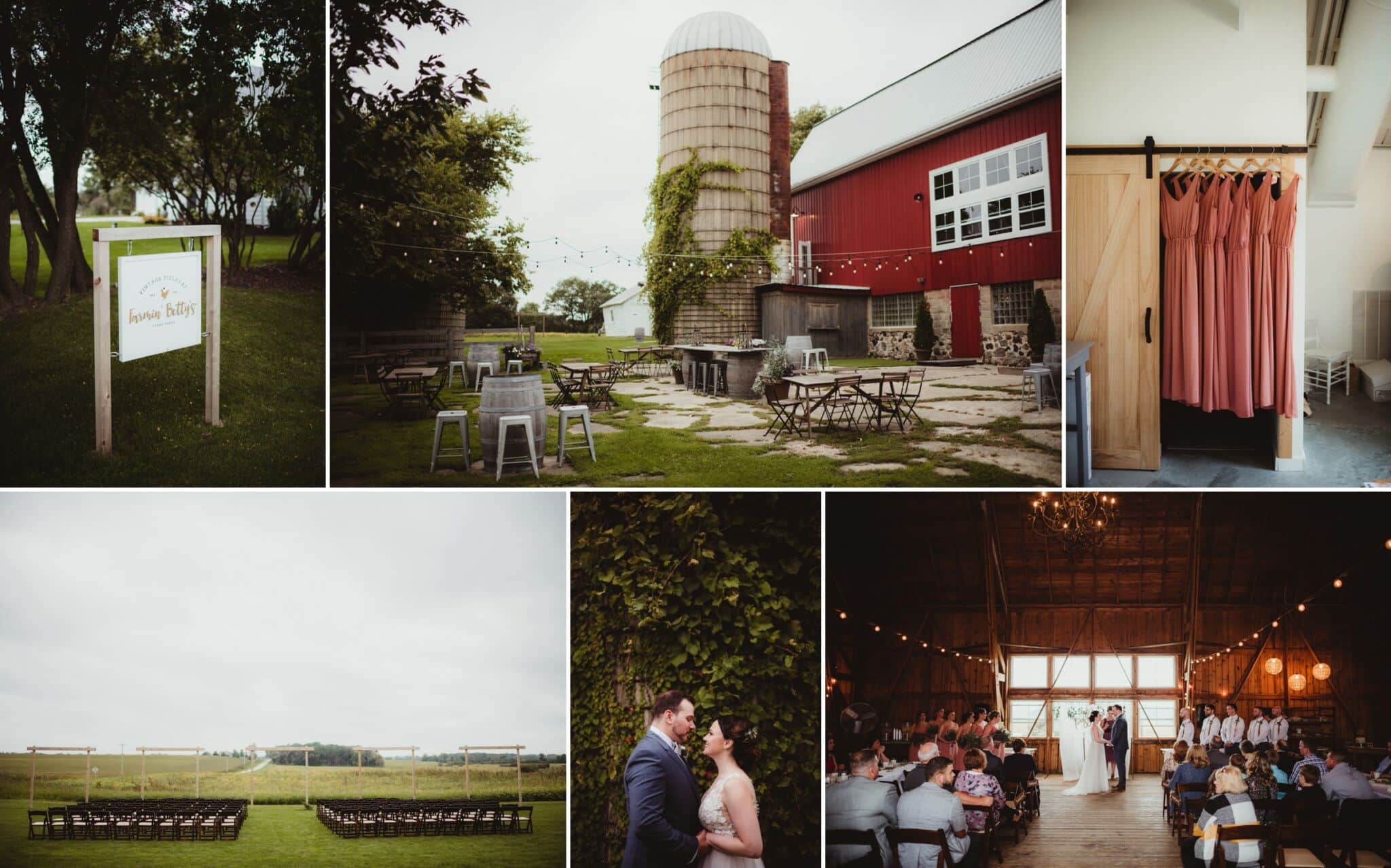 Collage of a rustic barn wedding featuring a red barn, hanging dresses, outdoor ceremony setup, and an intimate couple moment.