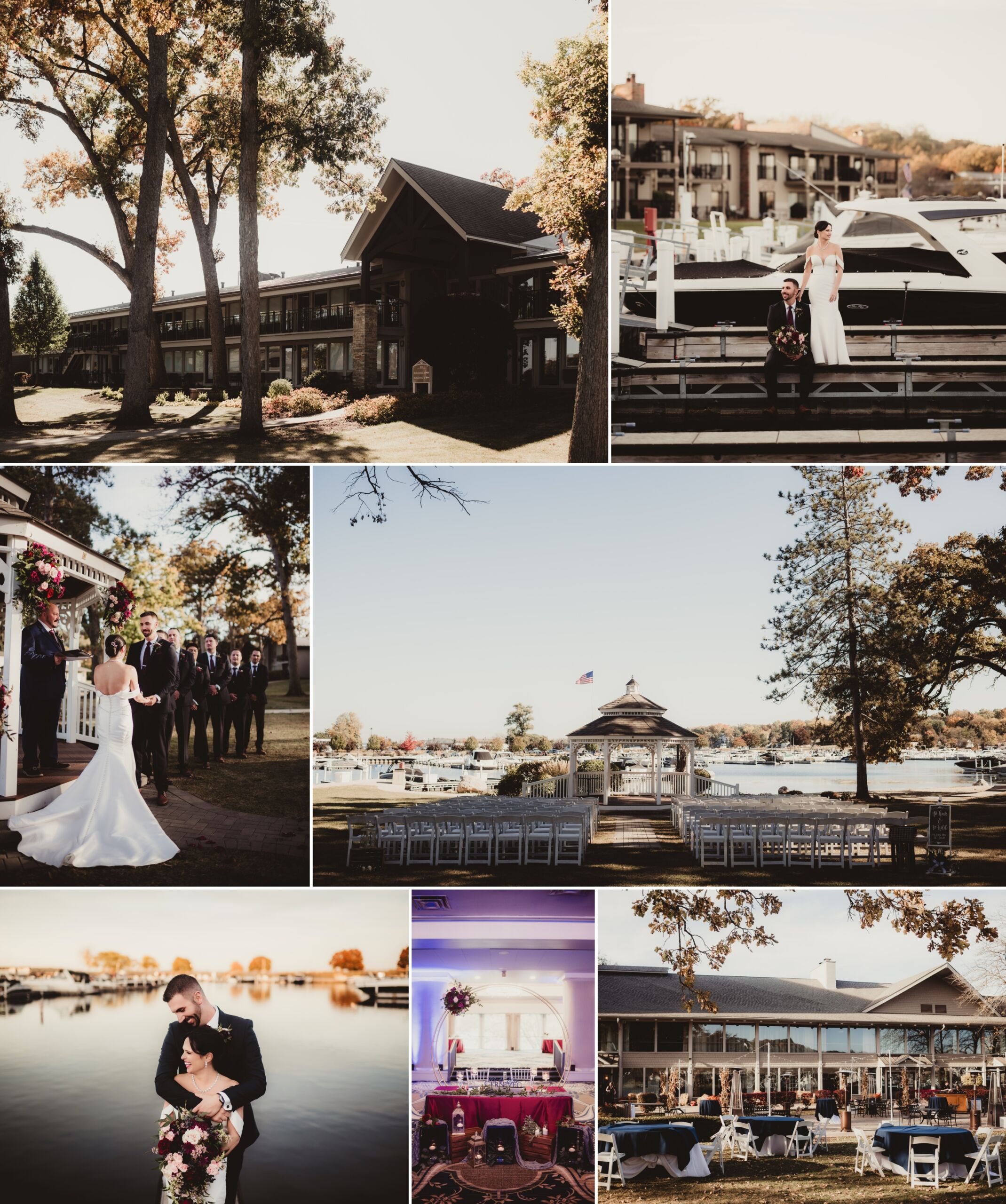 A stunning outdoor wedding venue by the lake featuring a gazebo, lush trees, and decorated seating arrangements, perfect for capturing authentic moments.