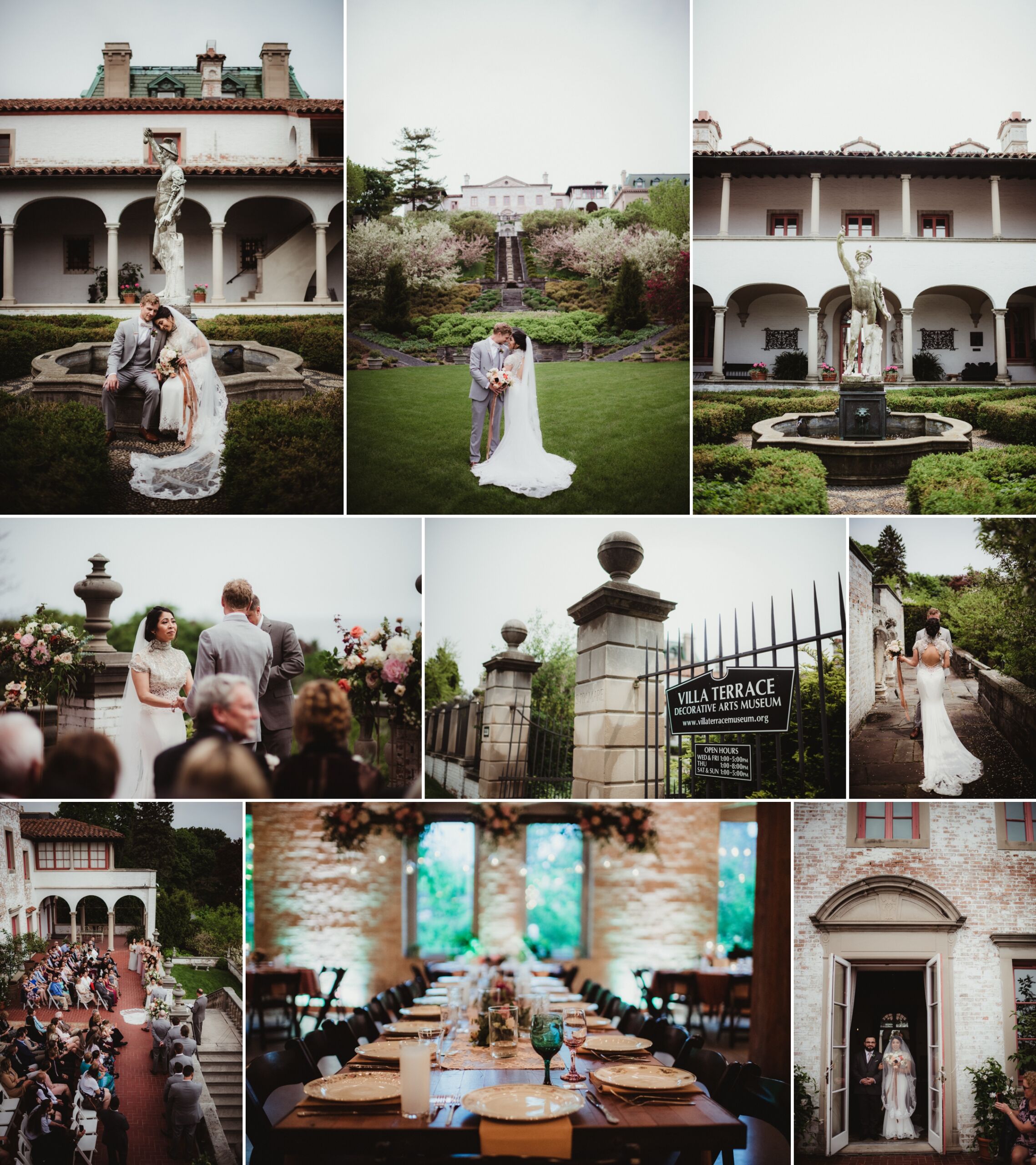 A stunning collage showcasing emotional moments from a wedding at Villa Terrace, featuring the couple in various enchanting settings.