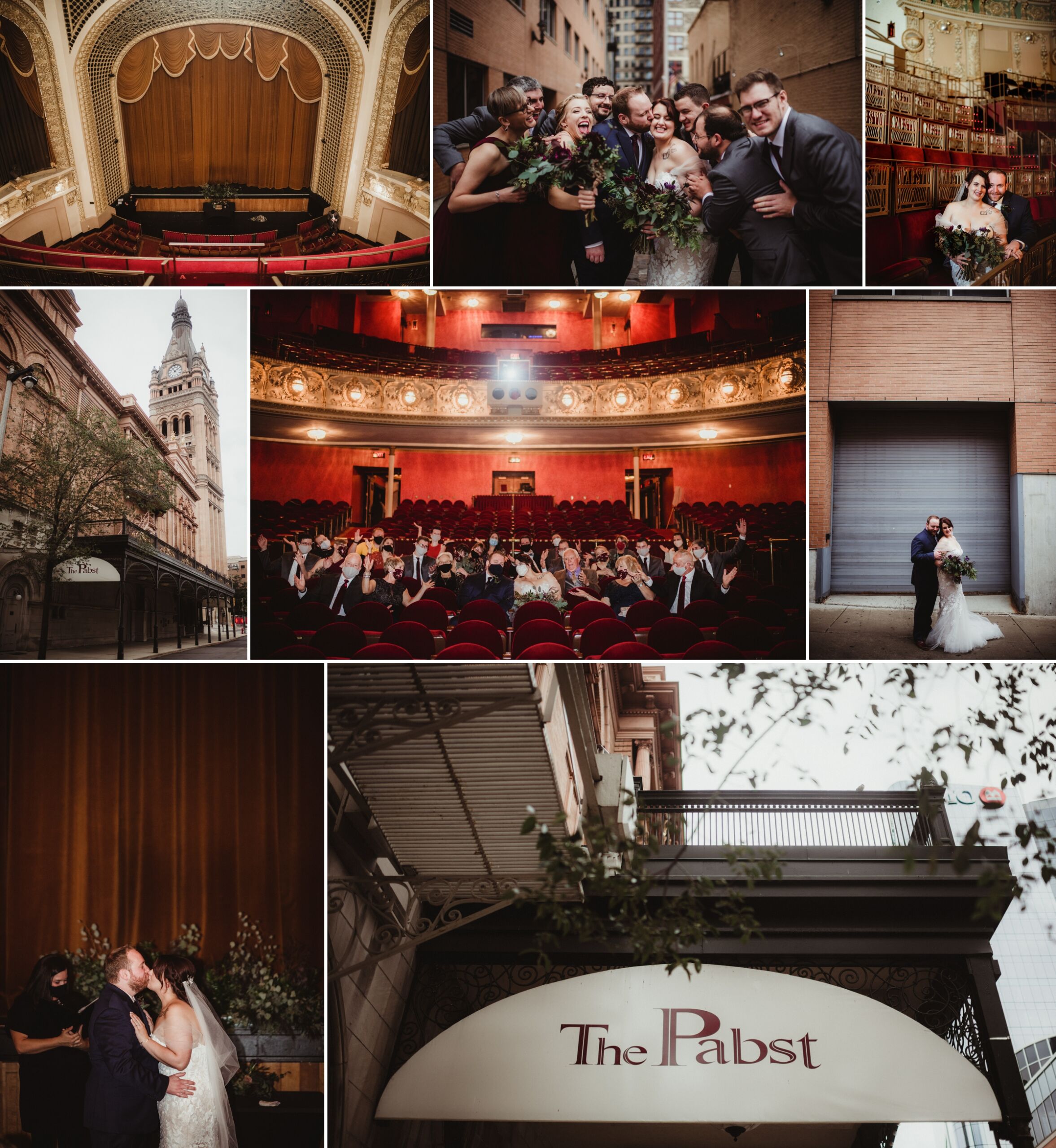 A collage of vibrant wedding moments at The Pabst Theater, showcasing emotional connections and elegant decor.