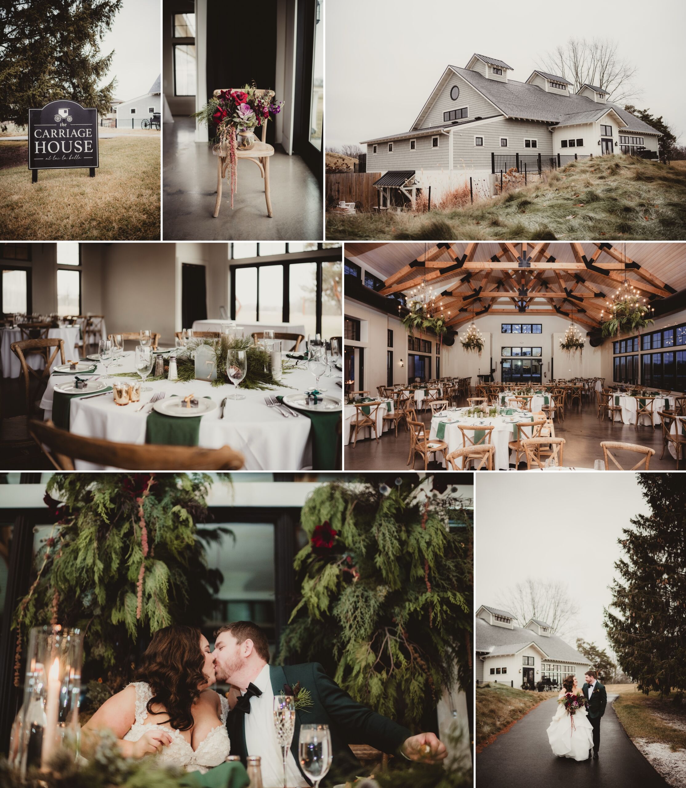 A collage of beautiful moments from a wedding at Carriage House, featuring the venue sign, elegant table settings, and a joyful couple sharing a kiss amidst greenery.