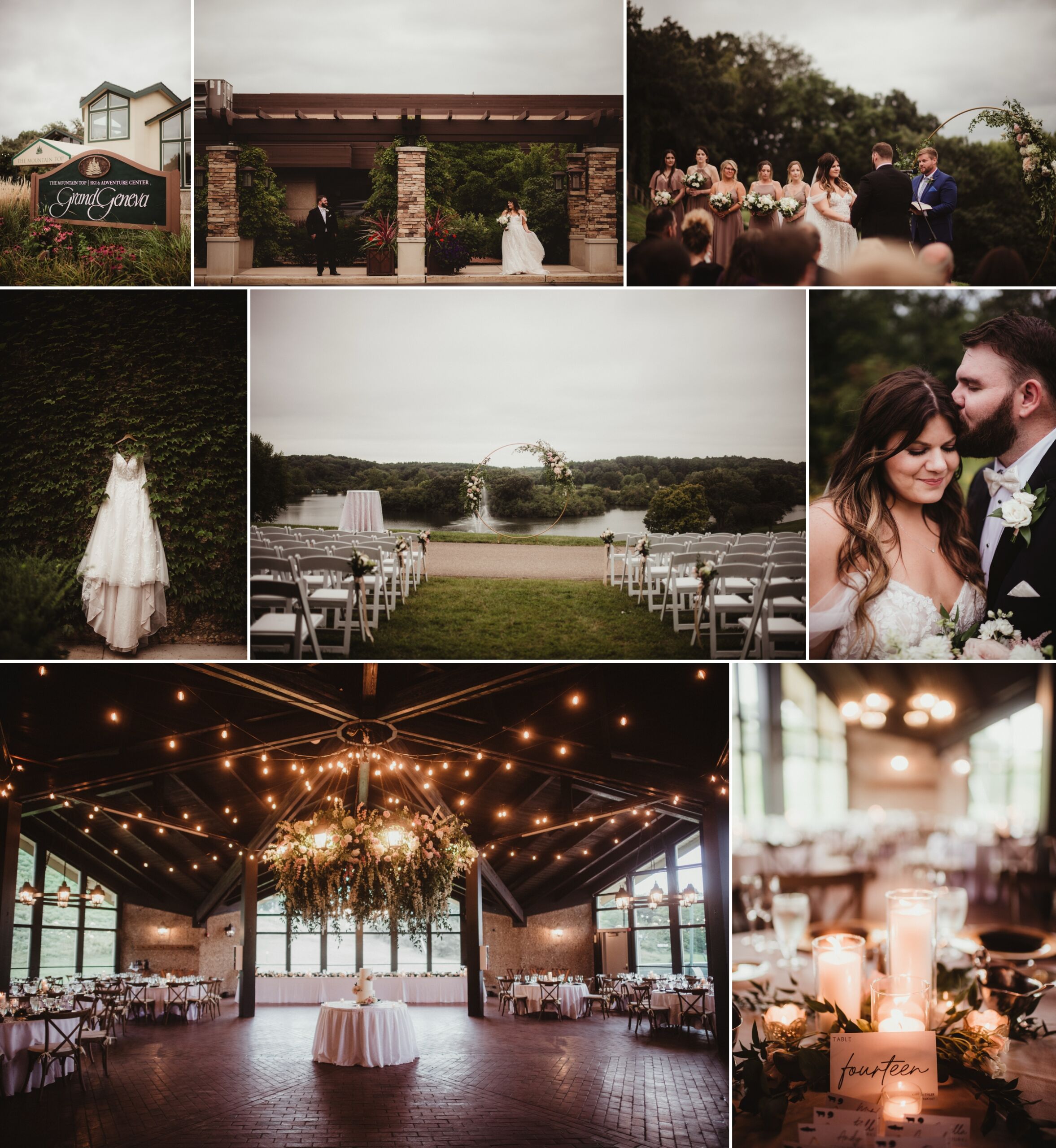 A beautiful wedding setup featuring a serene outdoor ceremony space, an elegant bridal gown hanging, floral arrangements, and a stunning reception venue adorned with soft lighting and decor in Madison, Wisconsin.
