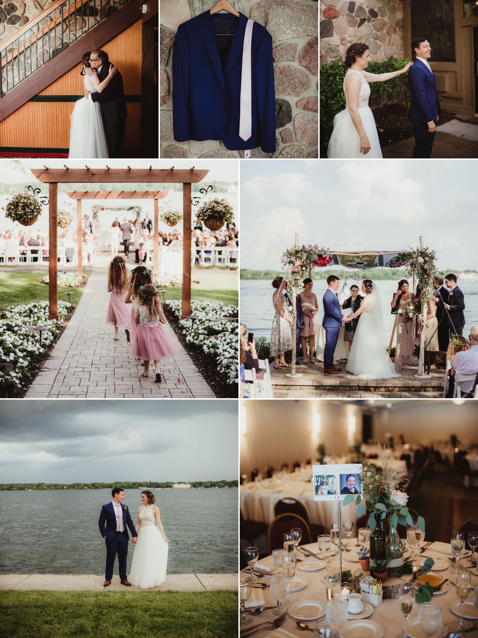 A collection of wedding moments including a joyful embrace, a wedding dress and suit hanging, the couple sharing a tender glance, and guests celebrating near a picturesque lake.