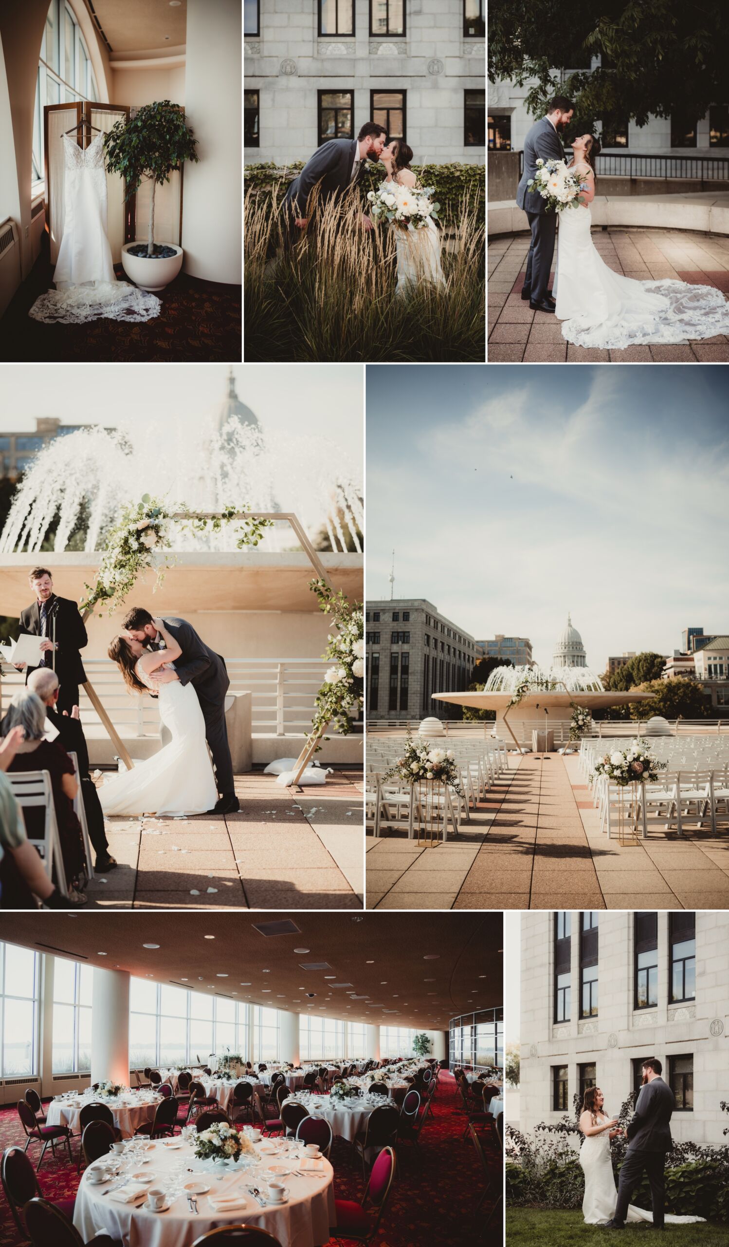 A collage of intimate wedding moments at a Madison venue, featuring elegant decor, heartfelt embraces, and a beautiful ceremony setting.
