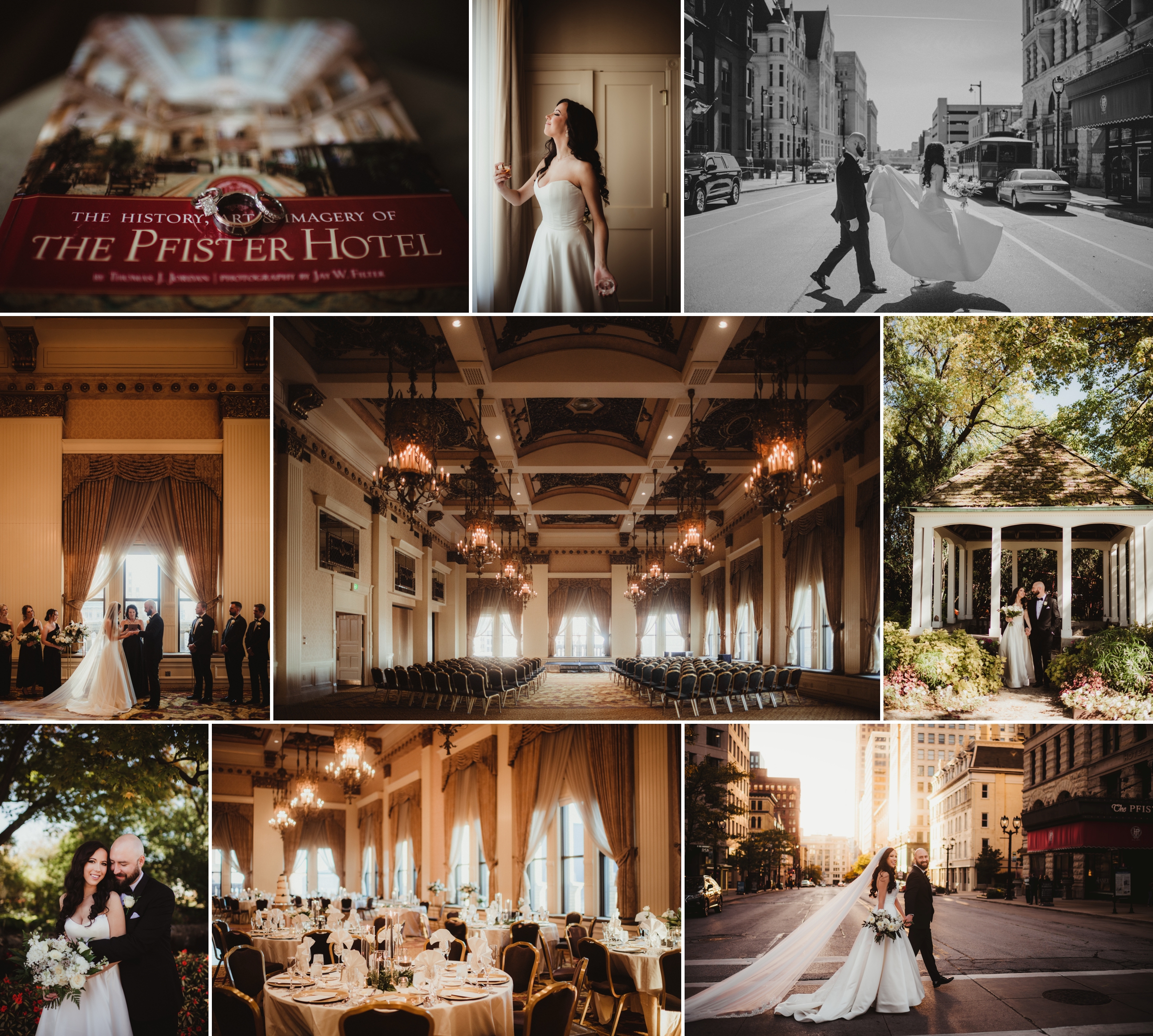 A collage of wedding moments at The Pfister Hotel featuring the bride, ceremony, and reception details.