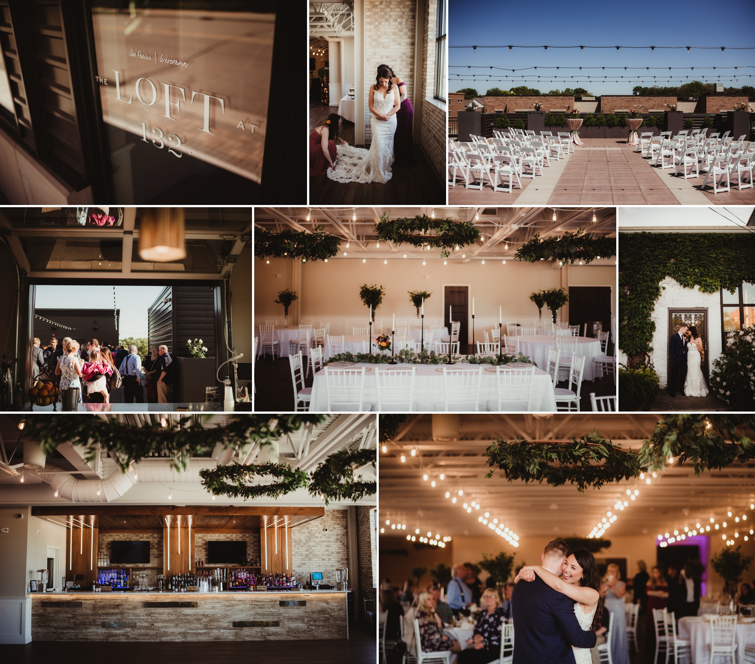 Elegant Madison Wedding Photography by Twig & Olive Collage of a wedding event with a bride getting ready, an outdoor ceremony setup, a beautifully decorated reception, and guests celebrating at a venue in Madison, Wisconsin.