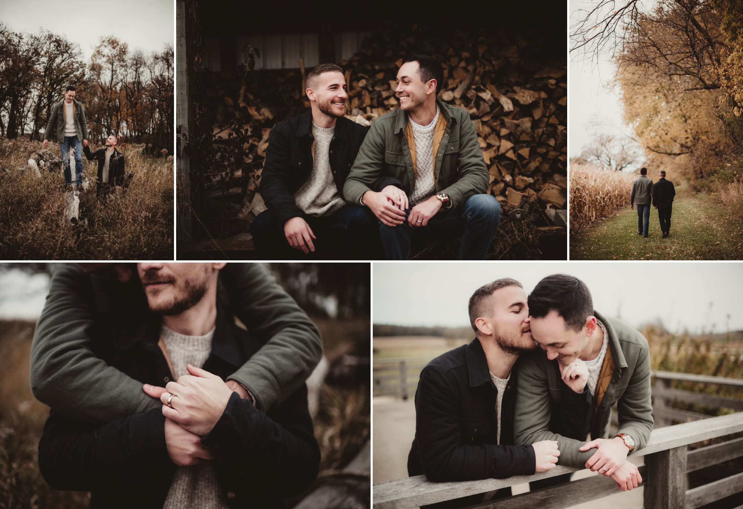 A collage of intimate moments between a couple in a rustic outdoor setting, highlighting love and connection.