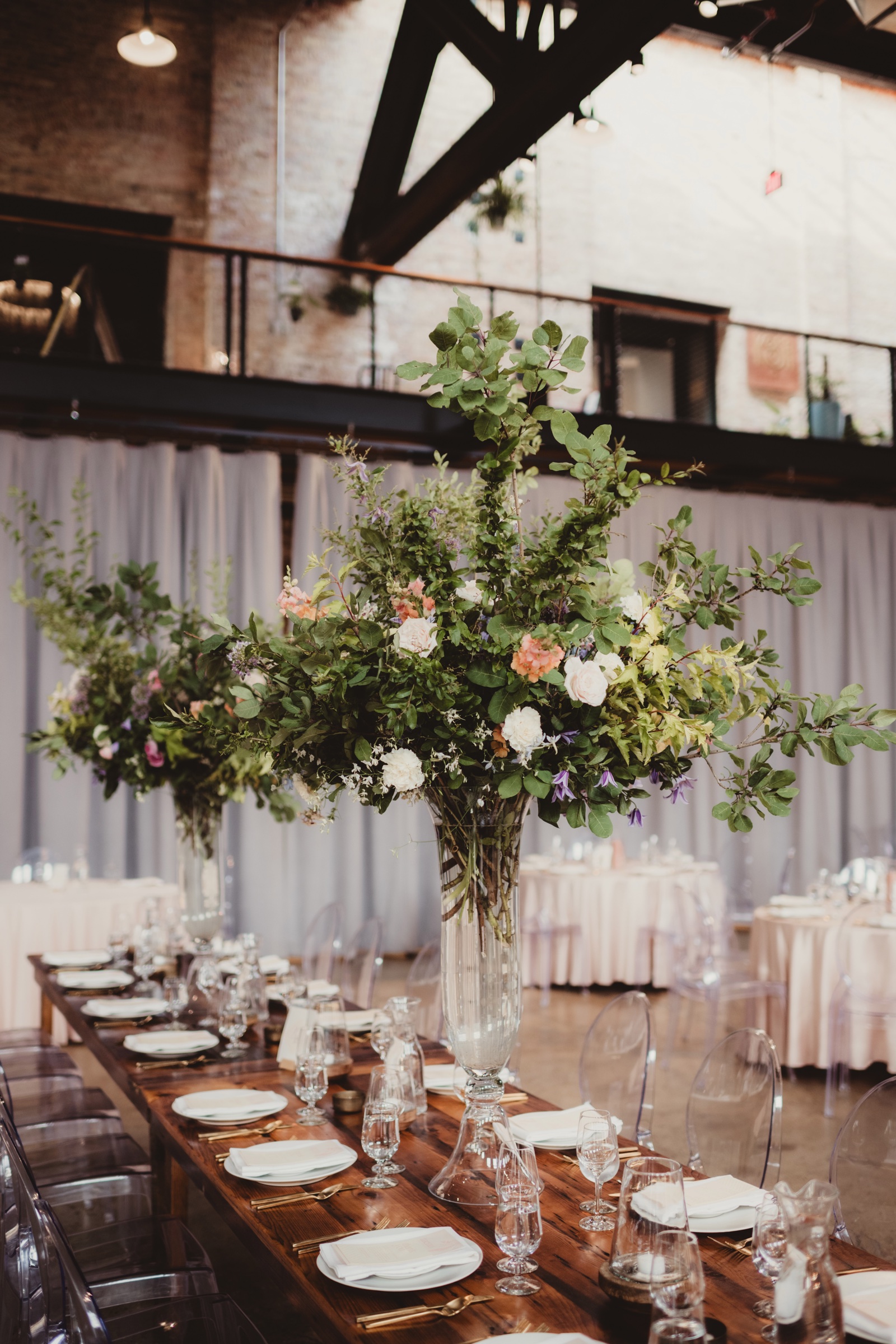 Large floral centerpiece at a Wisconsin wedding reception