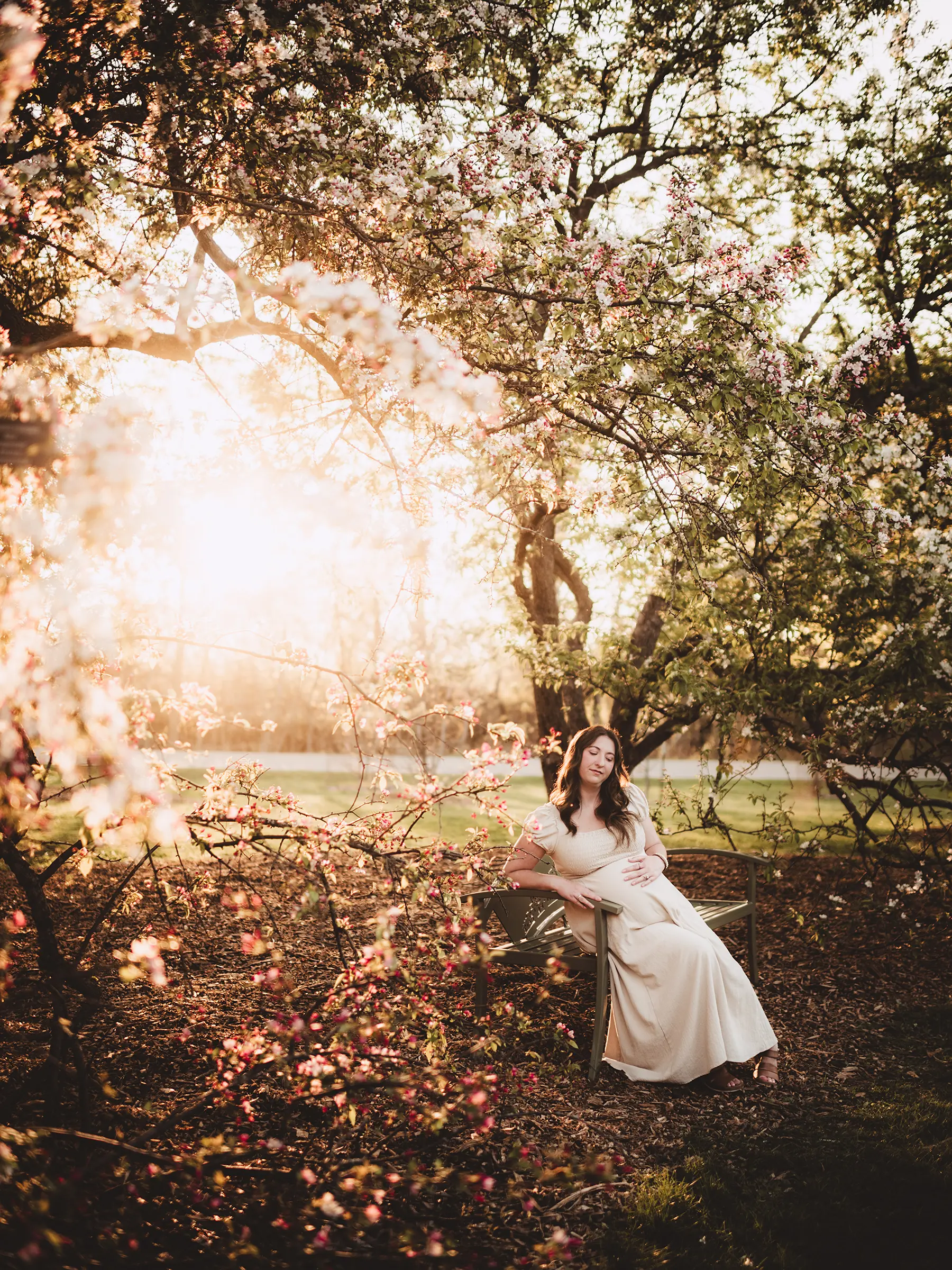 Pregnant woman in a flowing dress sitting on a bench amidst blossoming trees at sunset for maternity photography