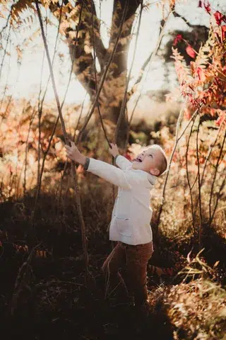 A child reaches toward a branch beneath autumn leaves.