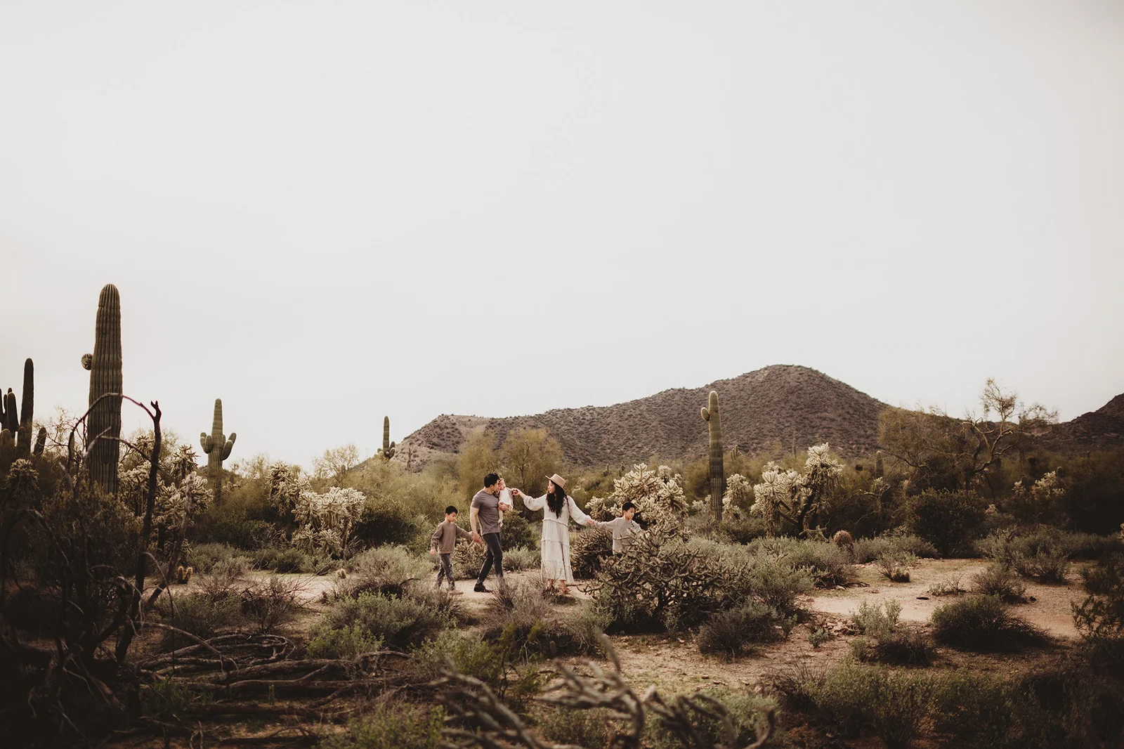 Family in a desert landscape A family exploring a desert landscape with tall cacti and distant hills.