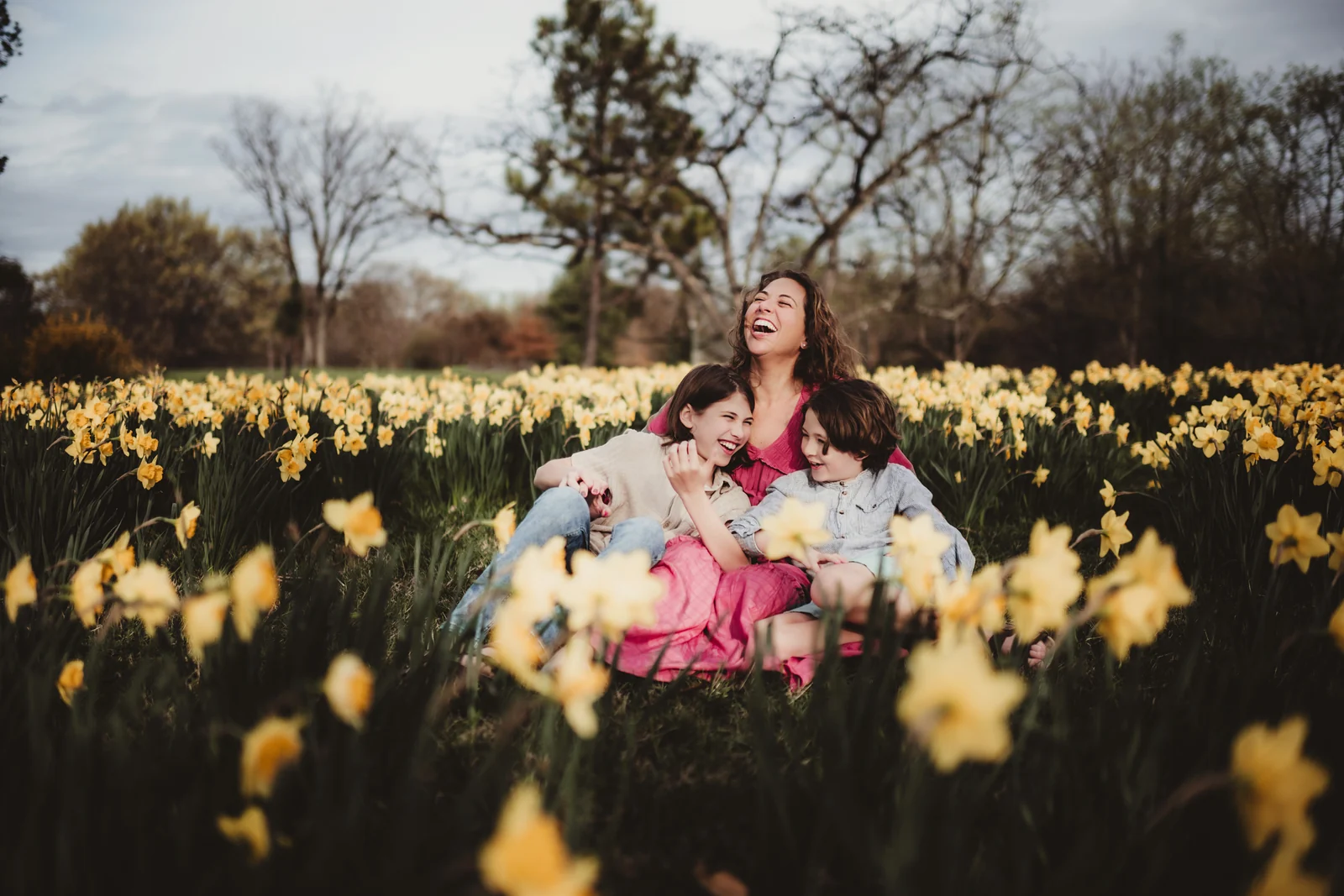 Parent and children among daffodils A parent cuddling children in a field of yellow daffodils.